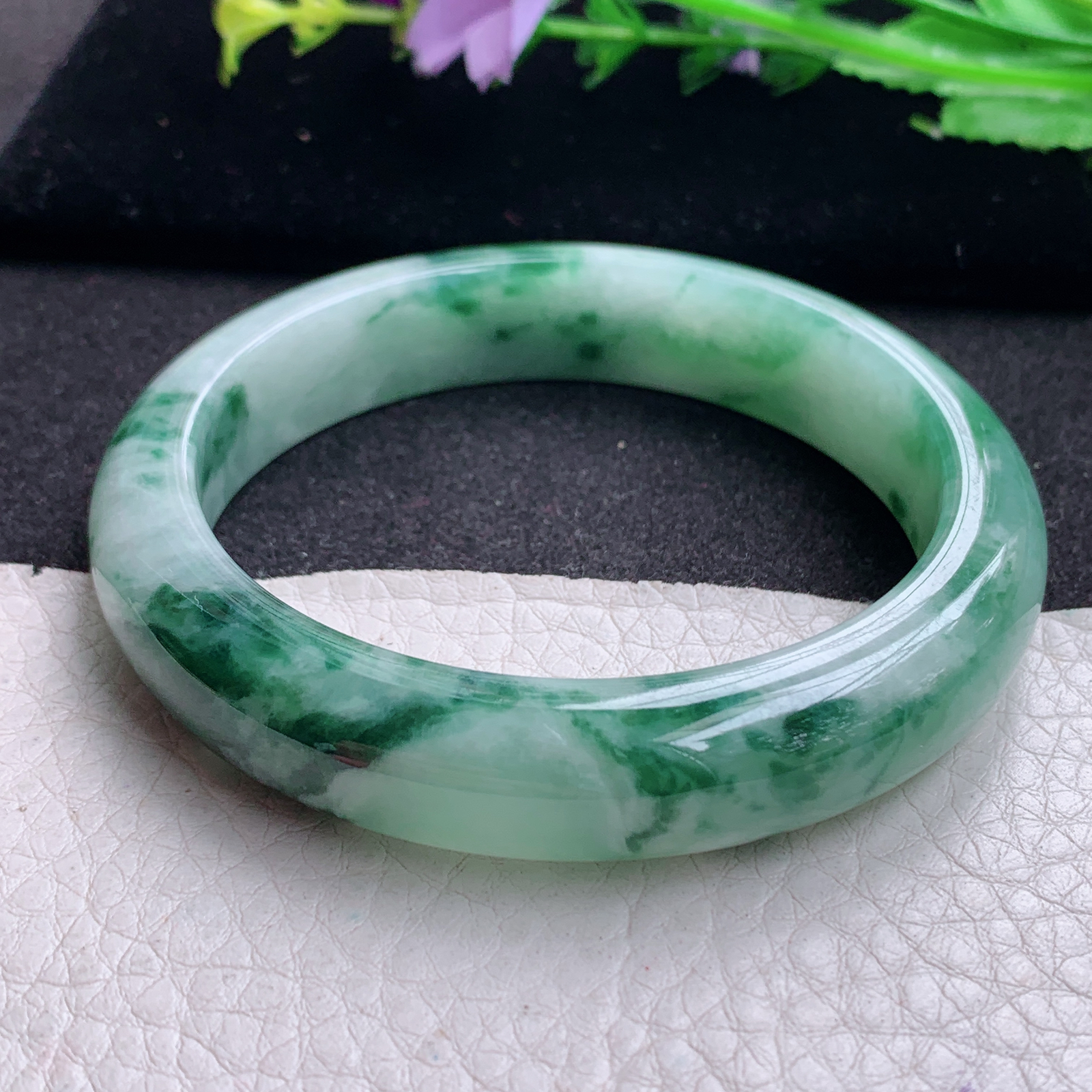 yw 实拍57.5*12.7*8.5平安镯 天然缅甸翡翠A货玉手镯胶感飘花宽边玉手环