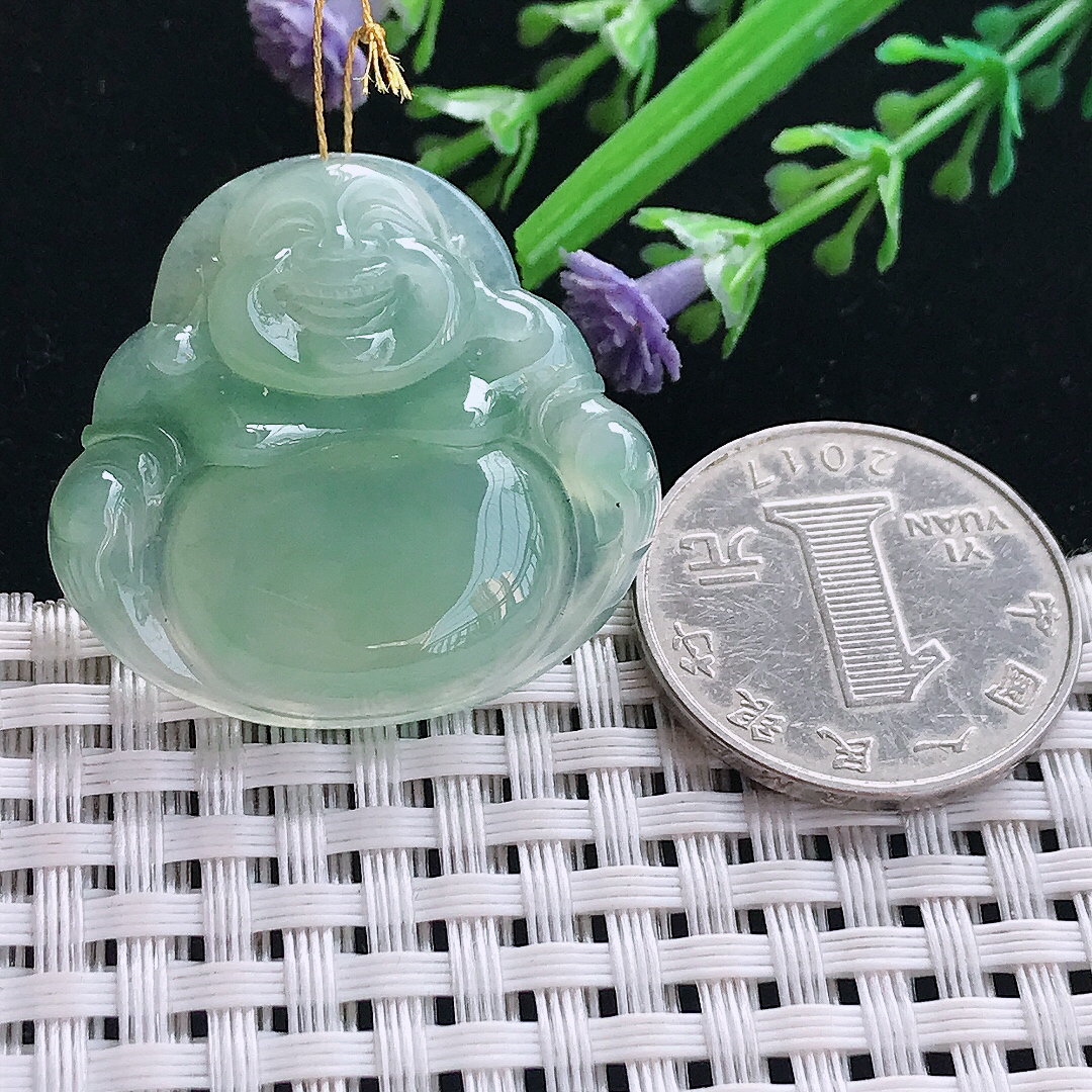 实拍A货翡翠31/32.8/5.5老坑冰润果冻胶冰晴绿佛公吊坠翡翠挂件