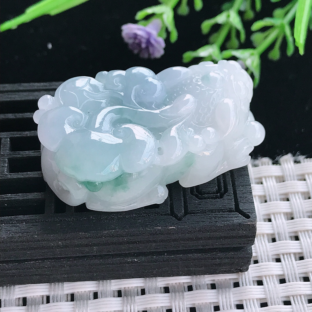 实拍A货翡翠39/22.2/12.8老坑冰润起胶紫罗兰貔貅吊坠翡翠挂件