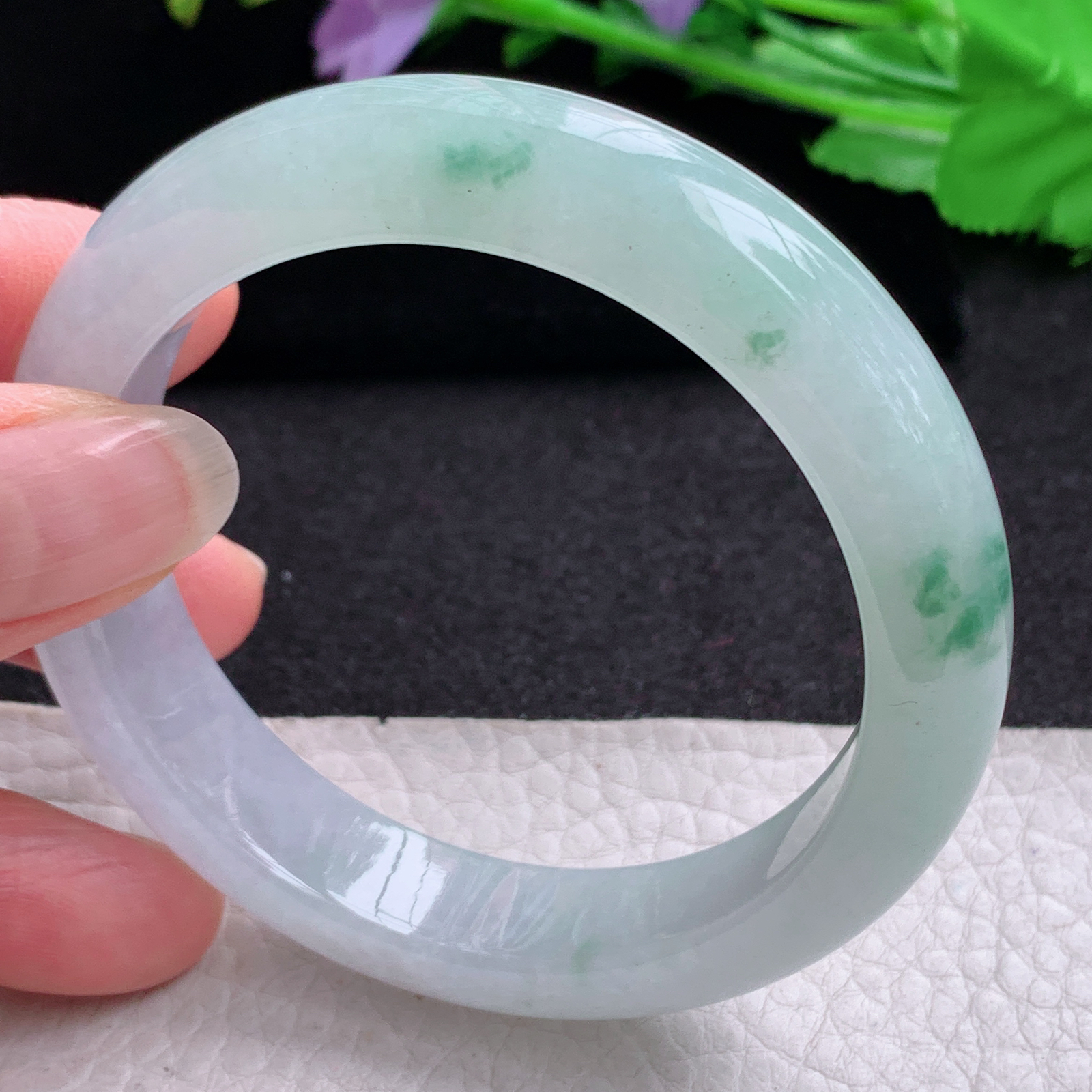 xo实拍55.5*13*8.6平安镯 天然缅甸翡翠A货玉手镯冰飘绿花宽边玉手环