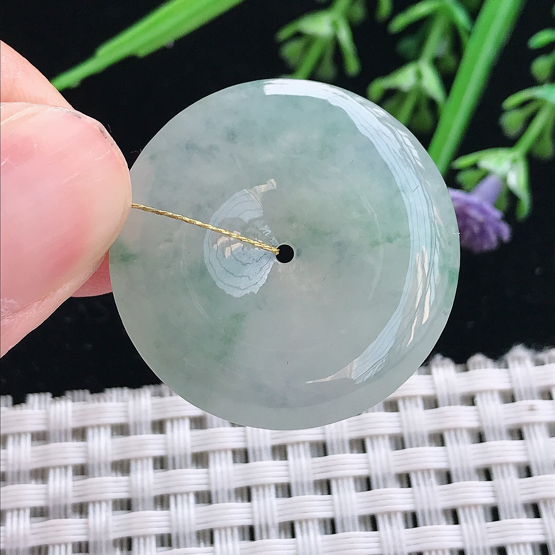 实拍A货翡翠29.5/5.9老坑冰胶飘花平安扣吊坠翡翠玉扣挂件