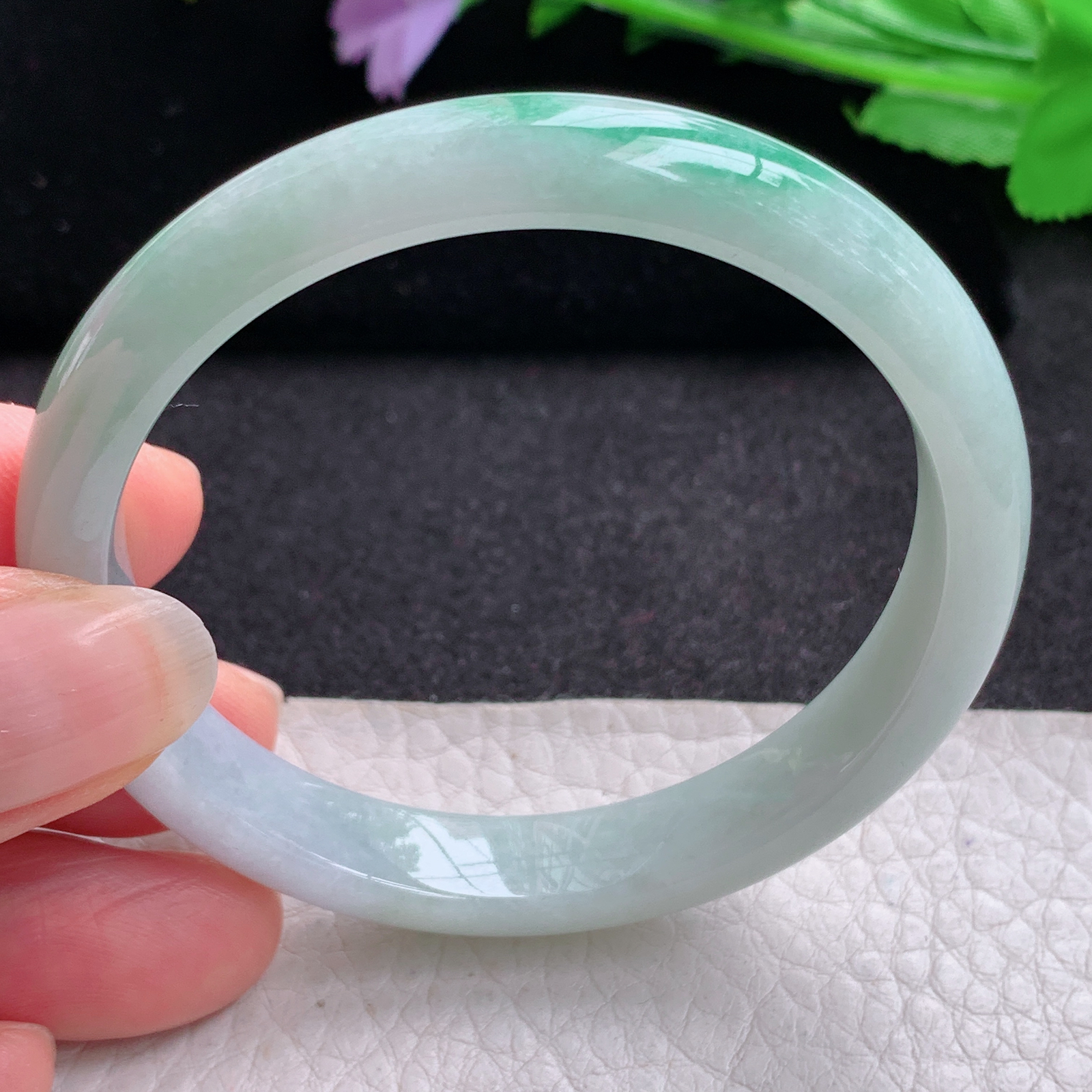 pp小圈口53*10*6.4平安镯 天然缅甸翡翠A货玉手镯秀气三彩宽边玉手环