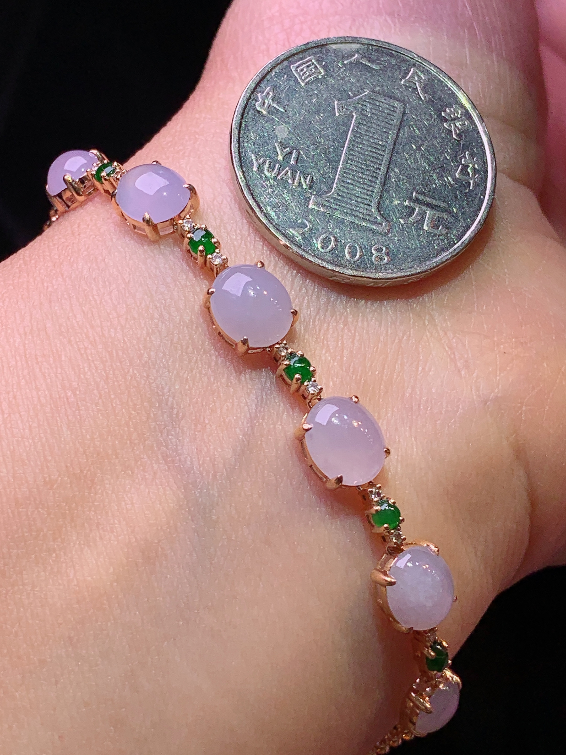 18k金钻镶嵌紫罗兰蛋面手链 玉质细腻 色泽艳丽清新 水润亮眼 整体尺寸73.5*6.6*4.5