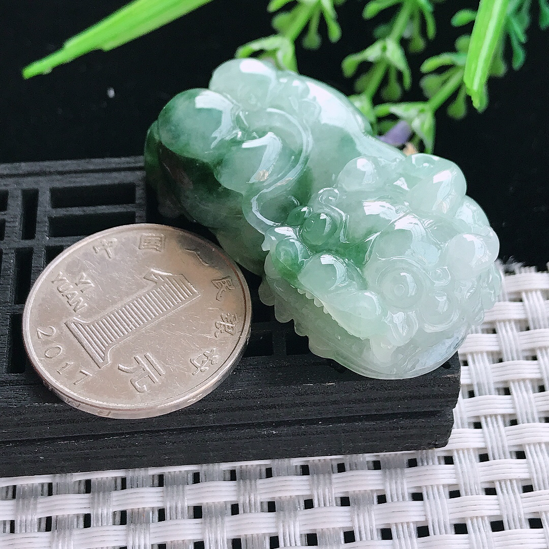 实拍A货翡翠44.5/24.8/12.8老坑冰润起胶冰飘花霸王貔貅吊坠翡翠挂件