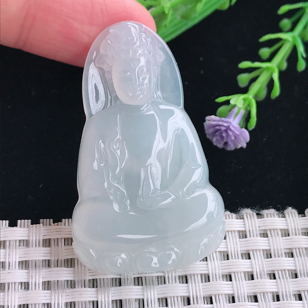 实拍A货翡翠46.4/28.8/6.2老坑冰胶水灵白冰素衣观音吊坠翡翠挂件