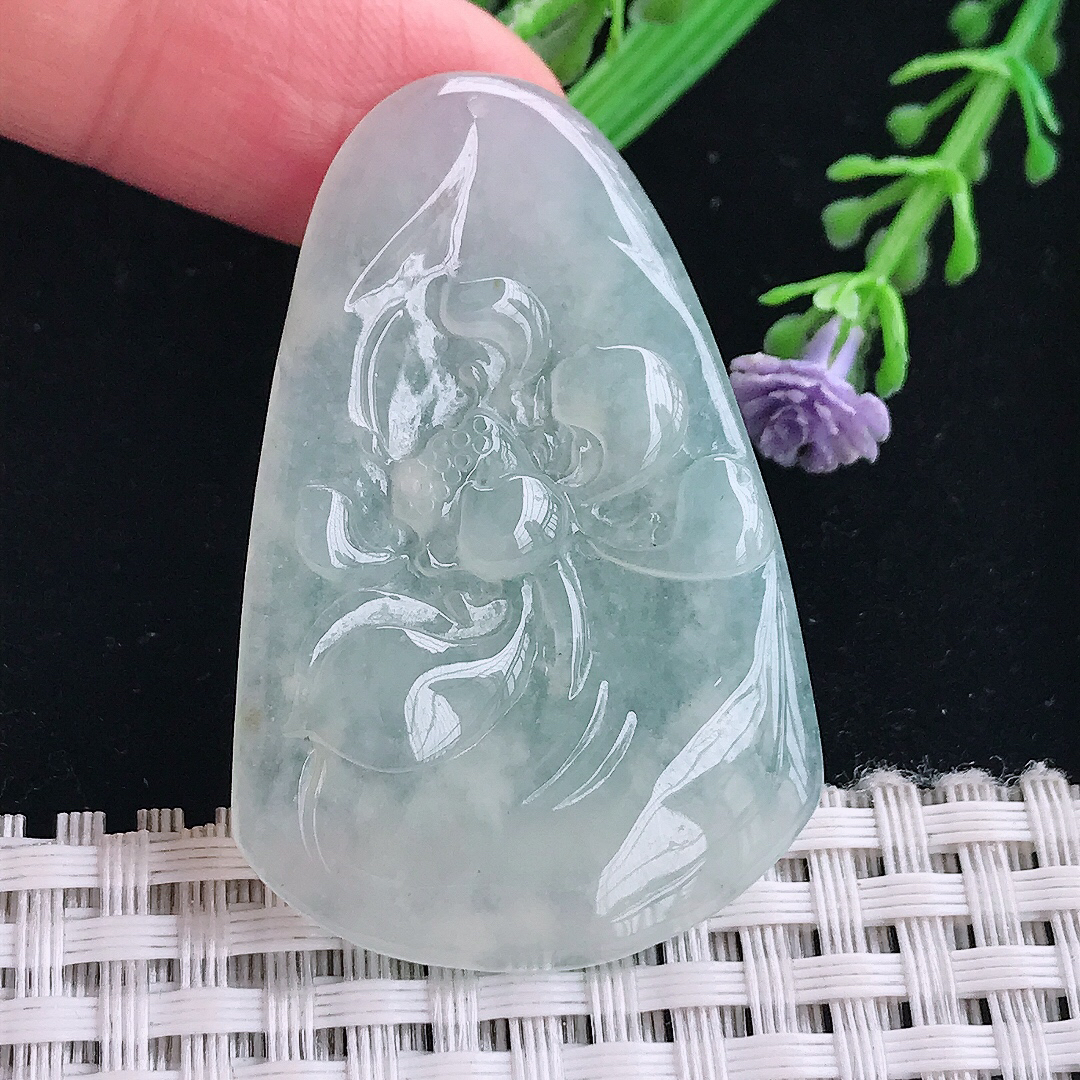 实拍A货翡翠47.2/31/5.3老坑冰胶水灵冰晴一本清廉莲花吊坠翡翠挂件