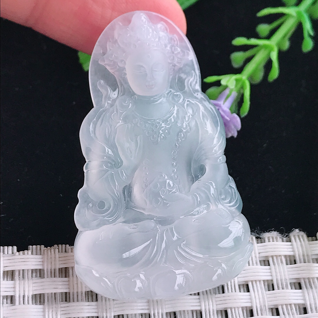 实拍A货翡翠45.4/29/5.3老坑冰种起光白冰渡母菩萨吊坠翡翠挂件