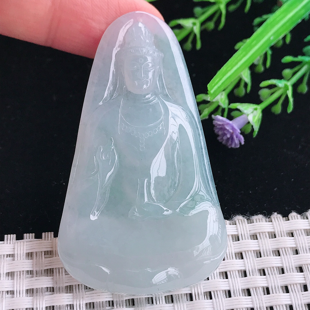 实拍A货翡翠60/35.5/5.8老坑冰胶水灵天空蓝素衣观音吊坠翡翠挂件