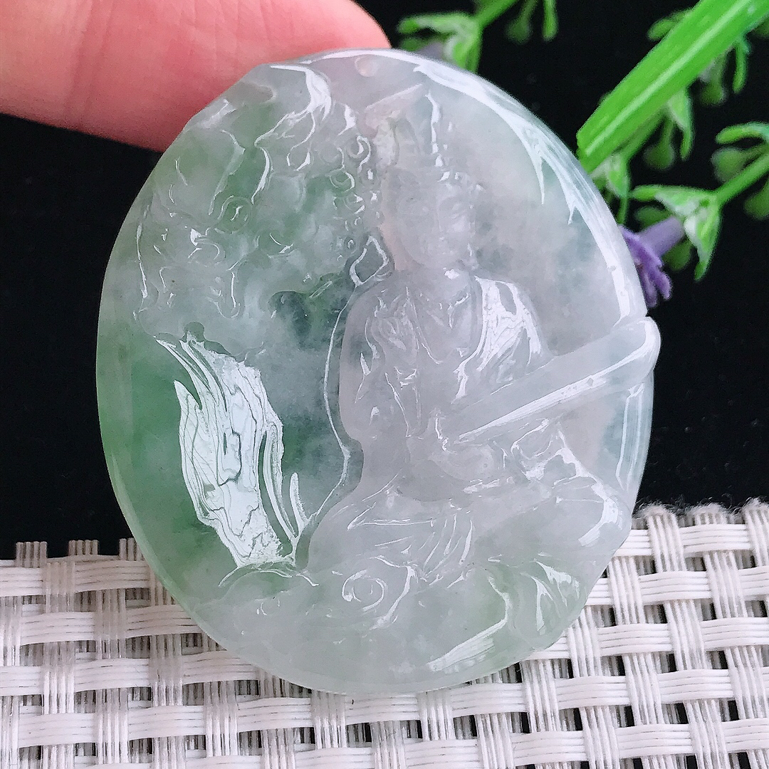 实拍A货翡翠50.5/44/5.5老坑冰润起胶飘花文殊菩萨吊坠翡翠挂件