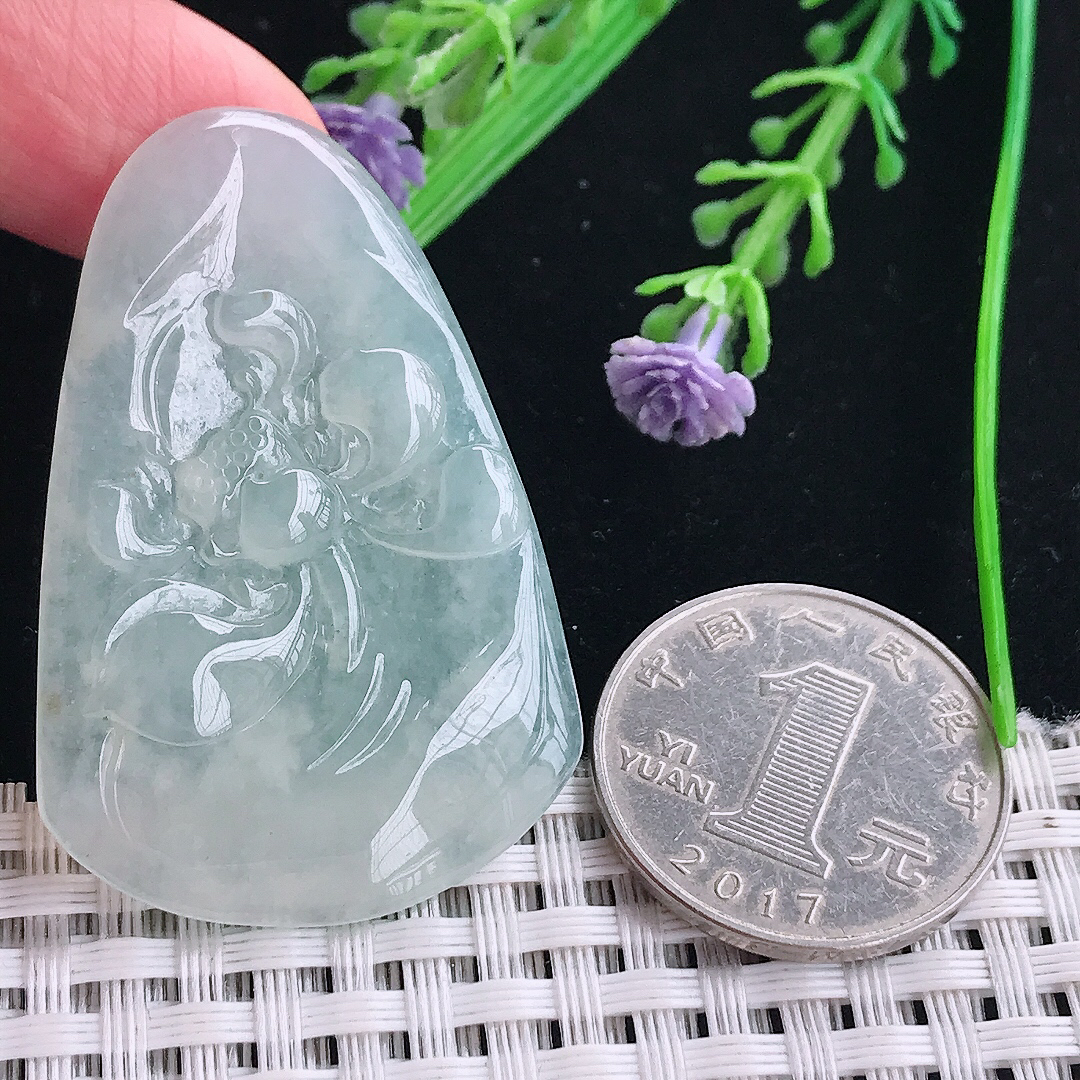 实拍A货翡翠47.2/31/5.3老坑冰胶水灵冰晴一本清廉莲花吊坠翡翠挂件