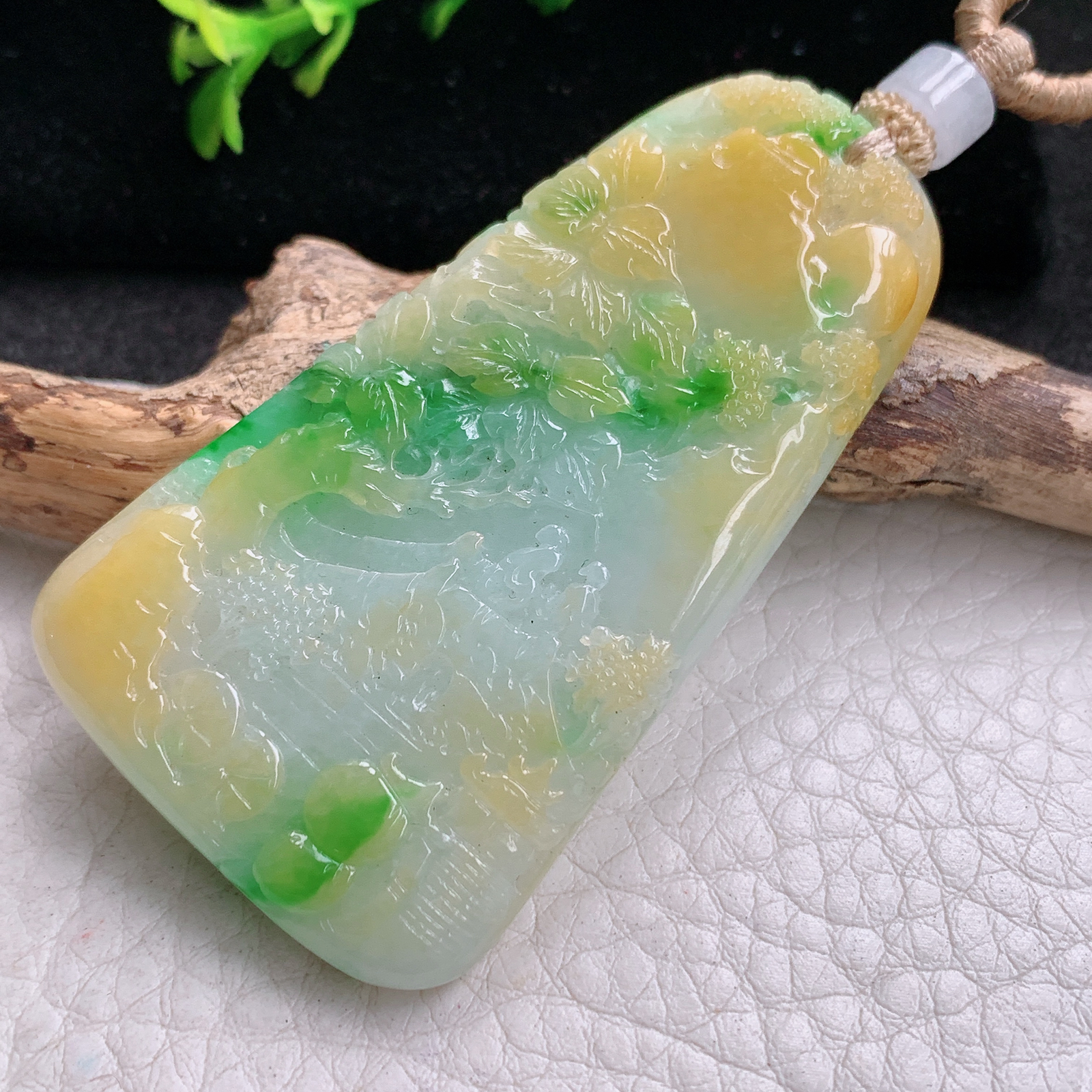 csy实拍56.3*32*6.3缅甸翡翠a货精雕三彩山水 大好河山玉吊坠 玉挂坠