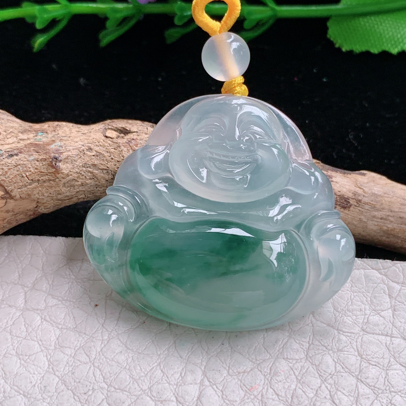 gp实拍31*35.8*6缅甸翡翠a货精雕冰飘蓝花佛公 开心佛玉吊坠 玉挂坠