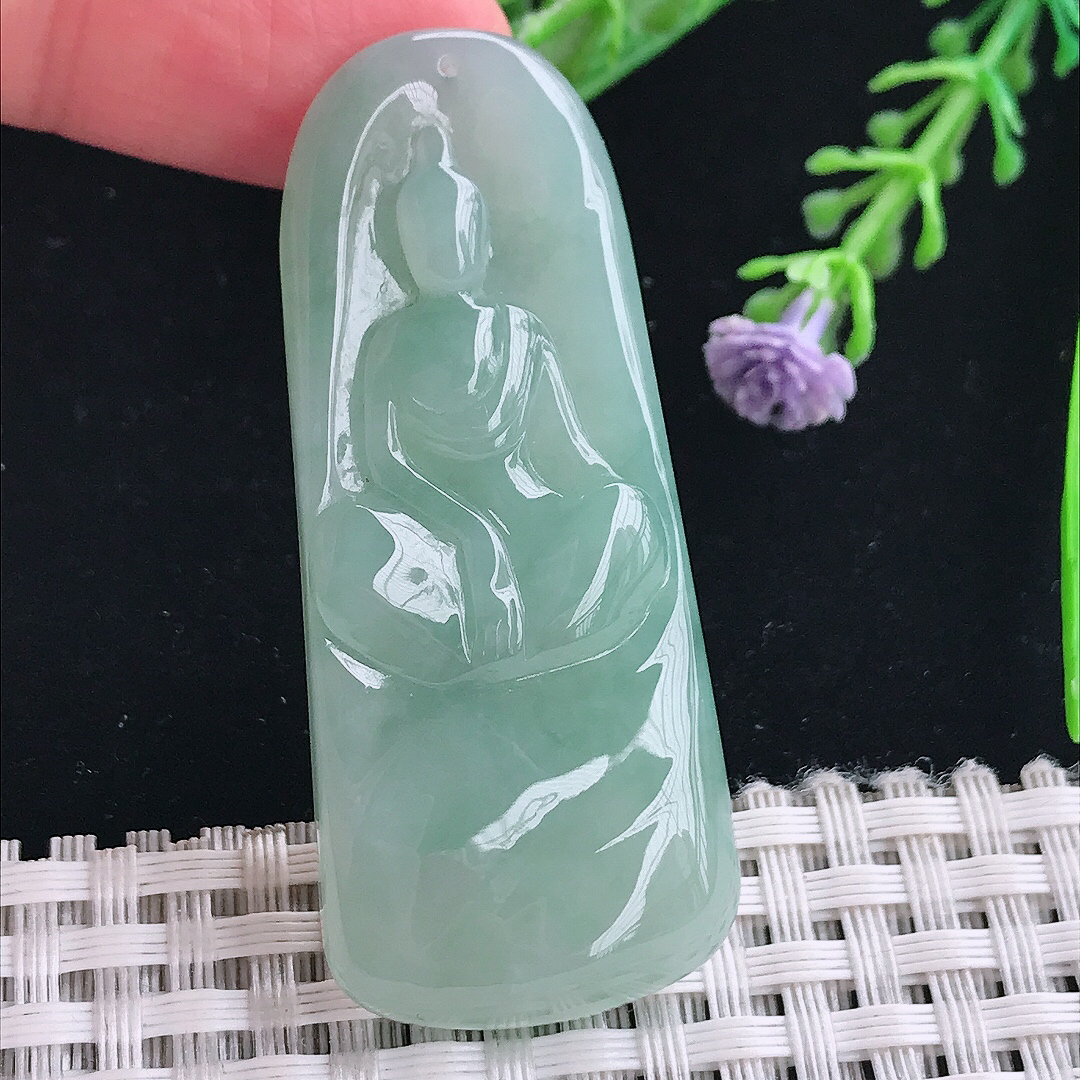 实拍A货翡翠53.8/23/6.3老坑冰胶果冻冰晴绿悟道佛吊坠翡翠挂件