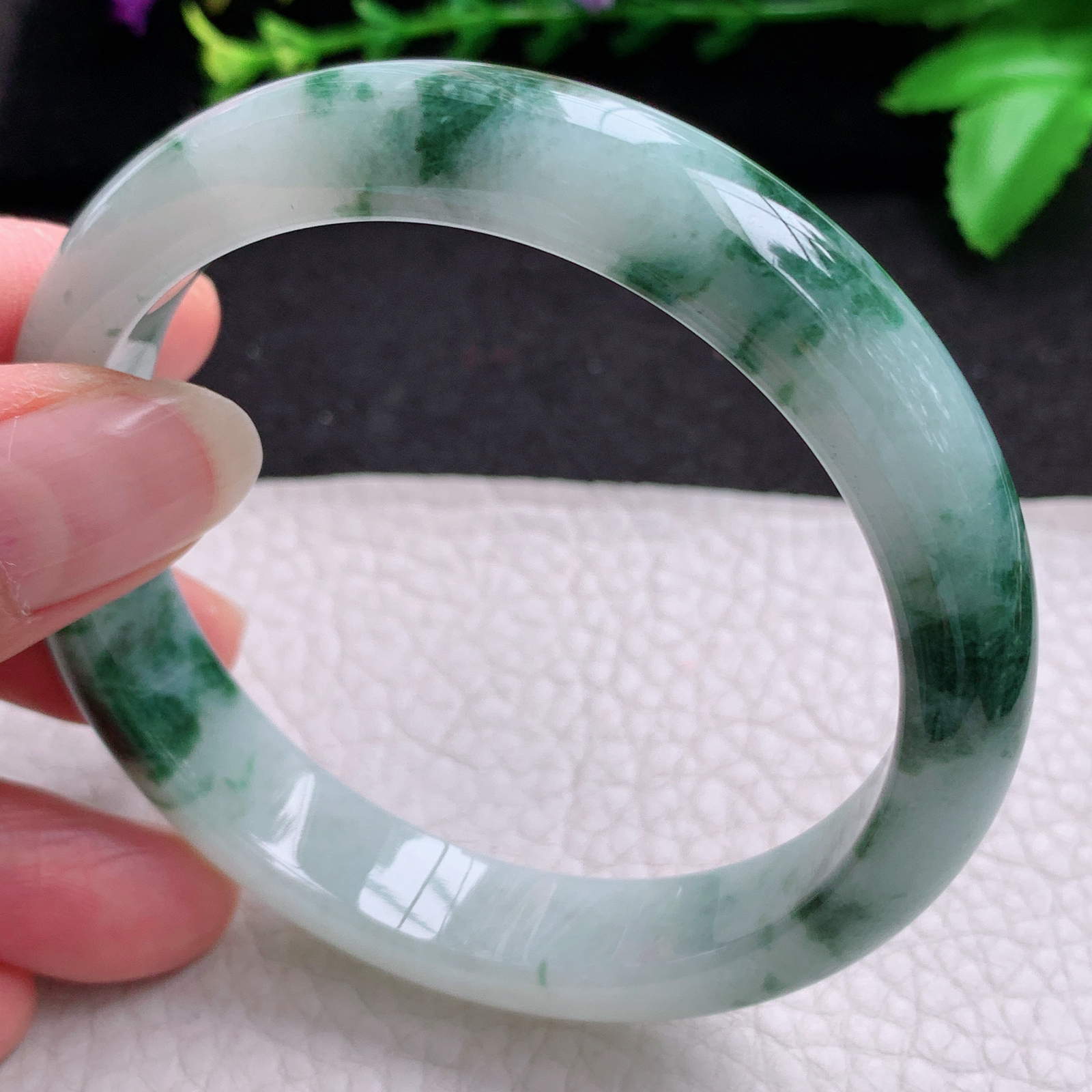 ll实拍59*12.4*8平安镯 天然缅甸翡翠A货玉手镯冰飘花宽边玉手环
