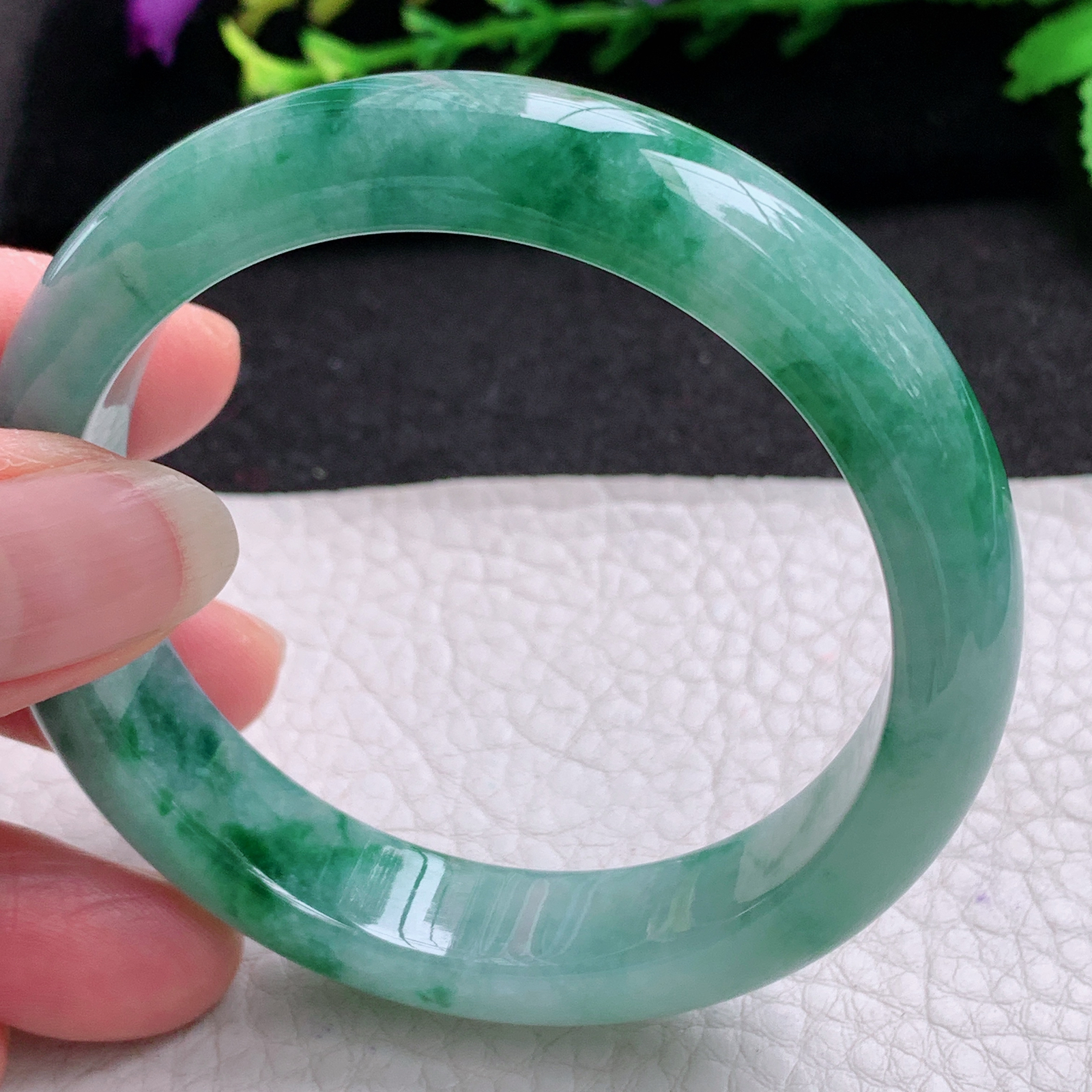 r实拍55*12.8*7.8平安镯 天然缅甸翡翠A货玉手镯飘花韵味宽边玉手环