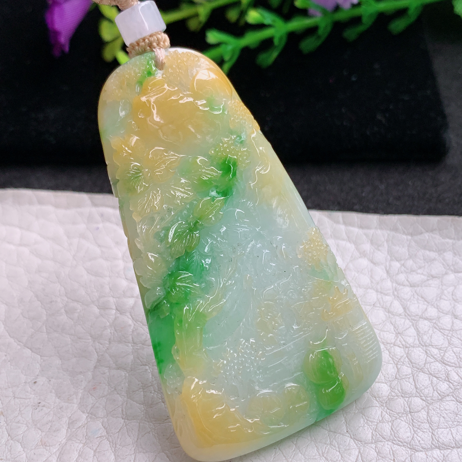 csy实拍56.3*32*6.3缅甸翡翠a货精雕三彩山水 大好河山玉吊坠 玉挂坠