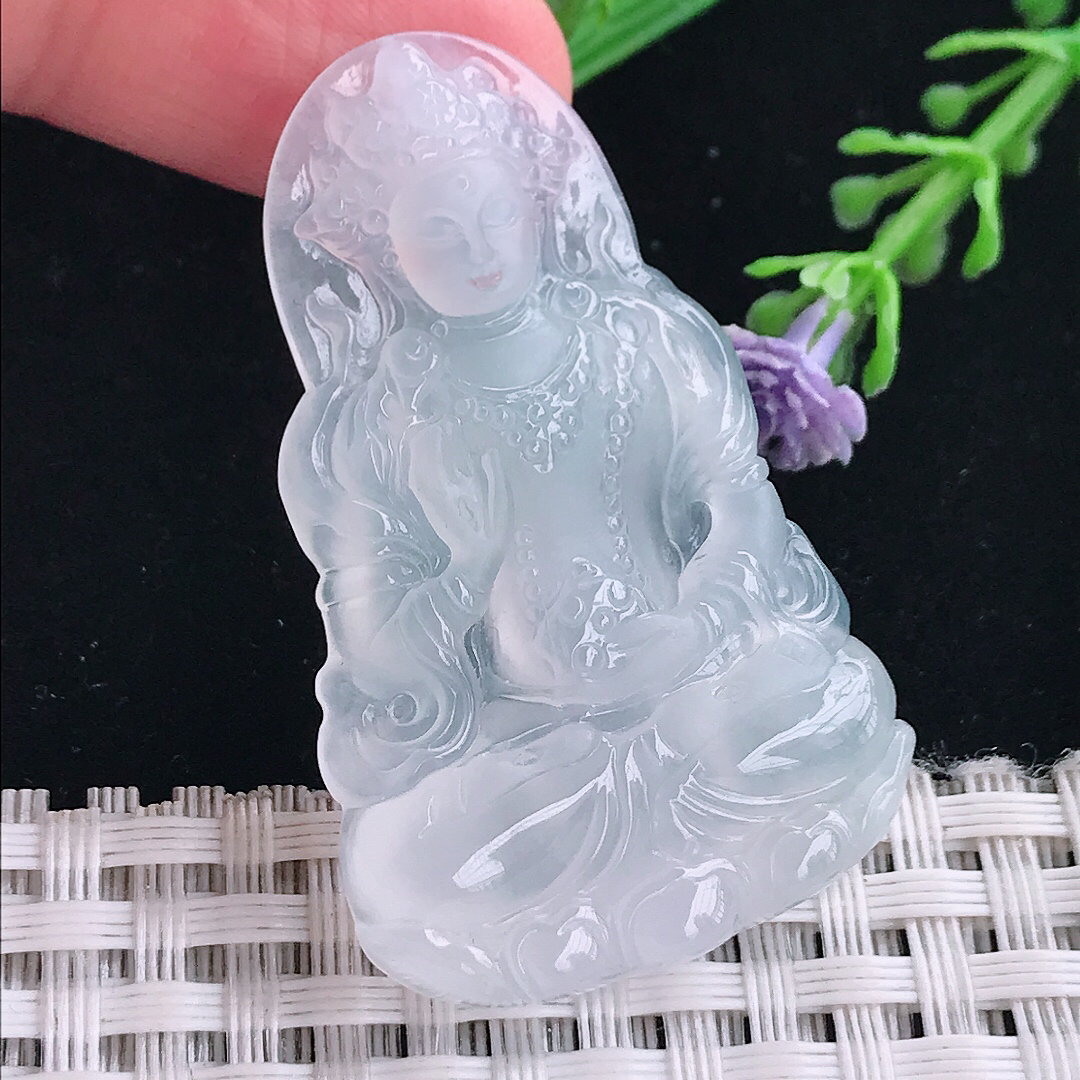 实拍A货翡翠45.4/29/5.3老坑冰种起光白冰渡母菩萨吊坠翡翠挂件