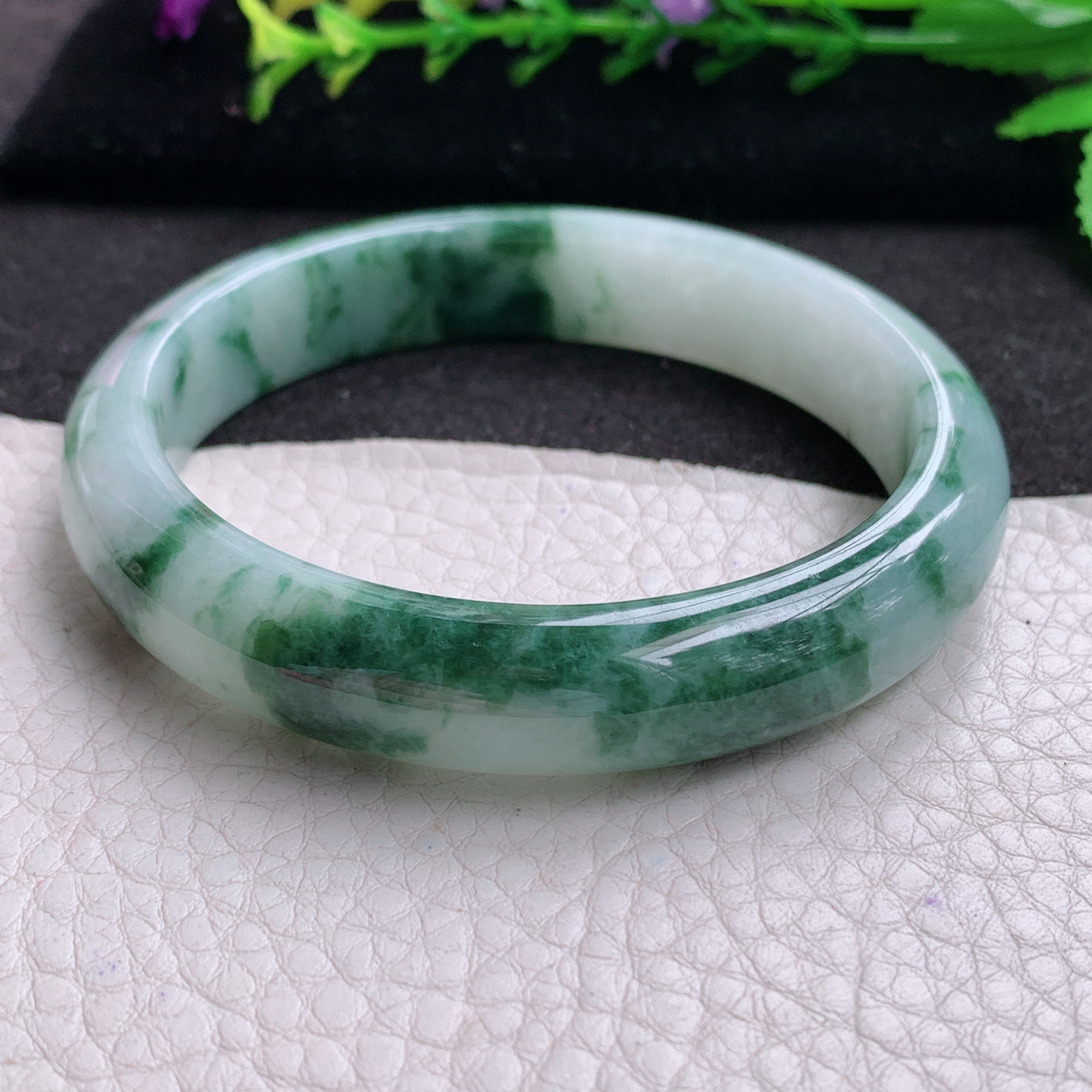 ll实拍59*12.4*8平安镯 天然缅甸翡翠A货玉手镯冰飘花宽边玉手环