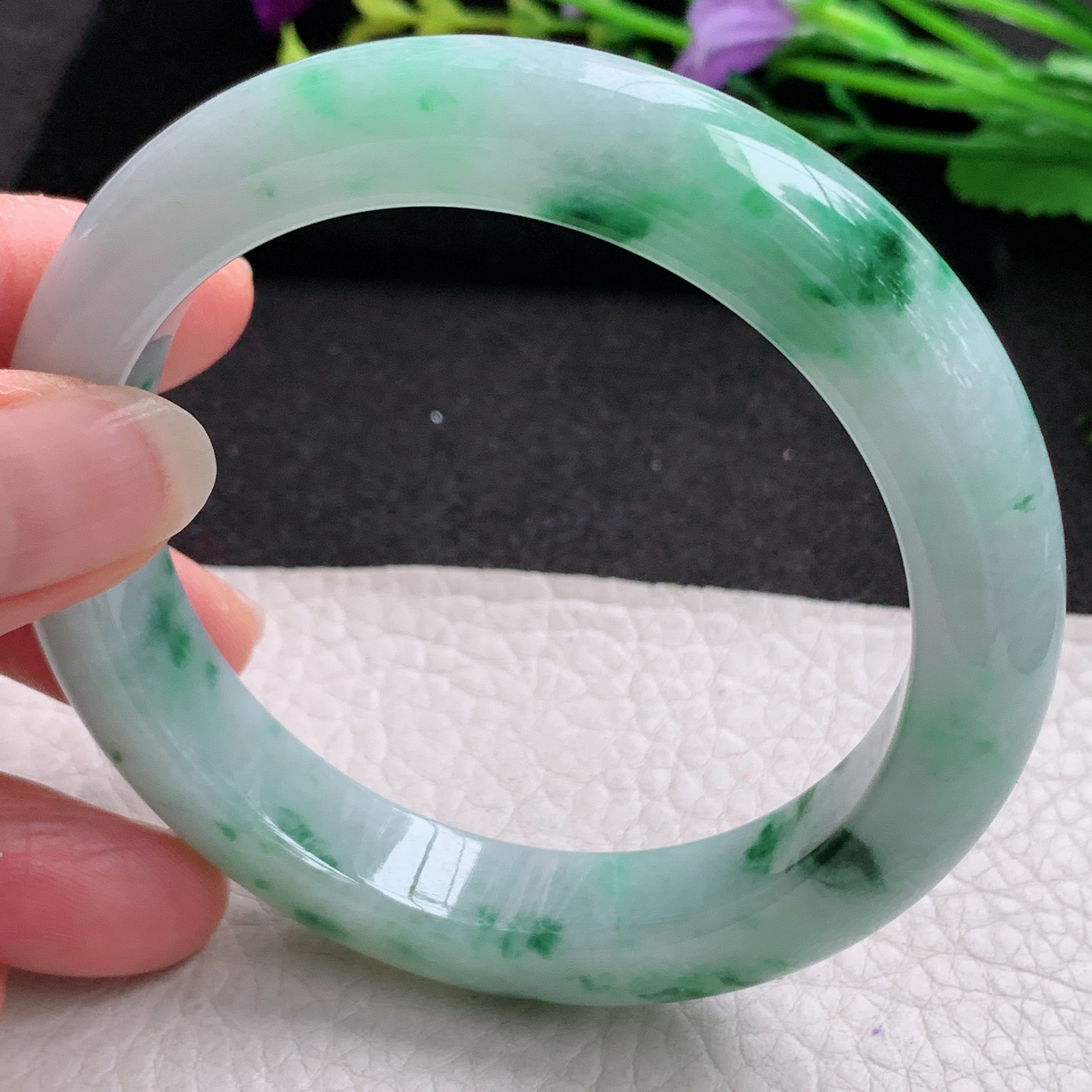 jl实拍58.5*12.5*9.5平安镯 天然缅甸翡翠A货玉手镯飘绿花宽边玉手环
