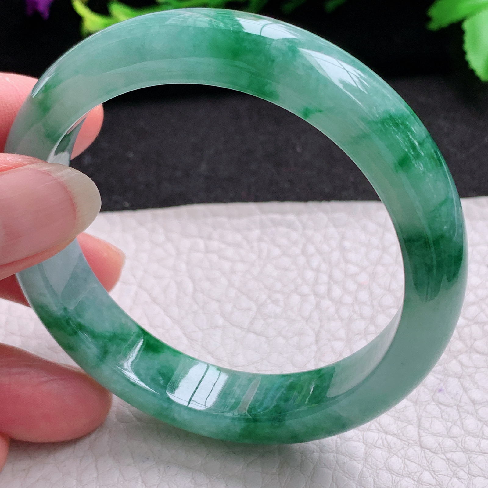 r实拍55*12.8*7.8平安镯 天然缅甸翡翠A货玉手镯飘花韵味宽边玉手环