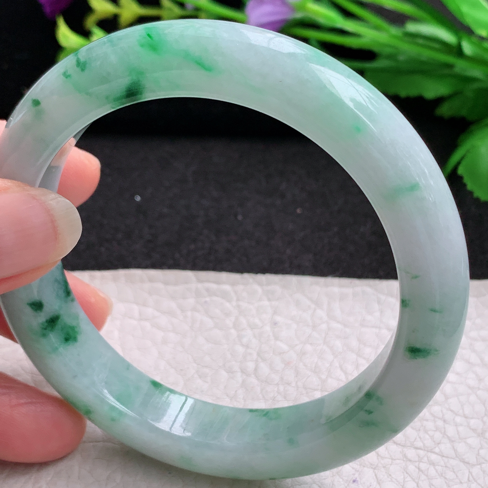 jl实拍58.5*12.5*9.5平安镯 天然缅甸翡翠A货玉手镯飘绿花宽边玉手环