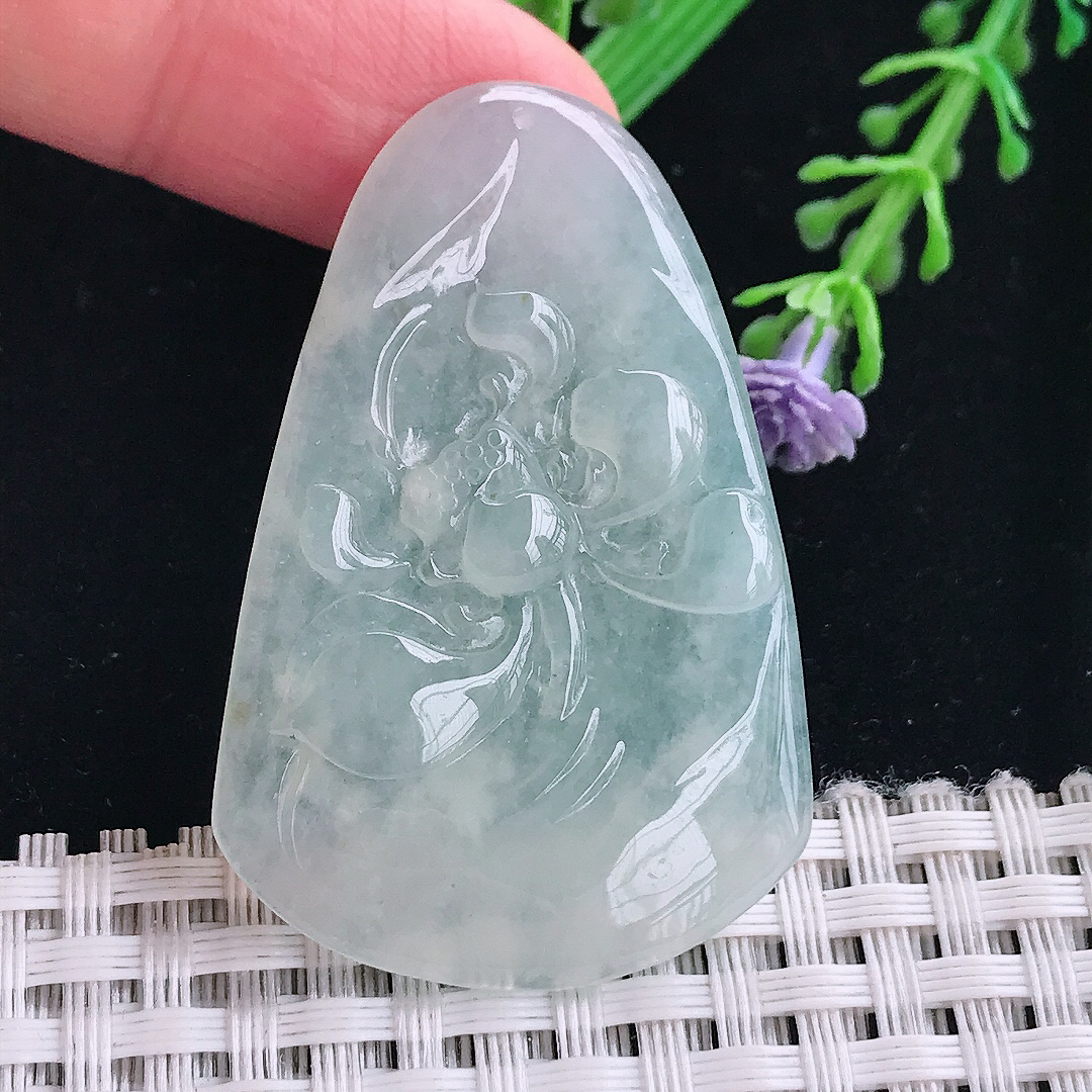 实拍A货翡翠47.2/31/5.3老坑冰胶水灵冰晴一本清廉莲花吊坠翡翠挂件