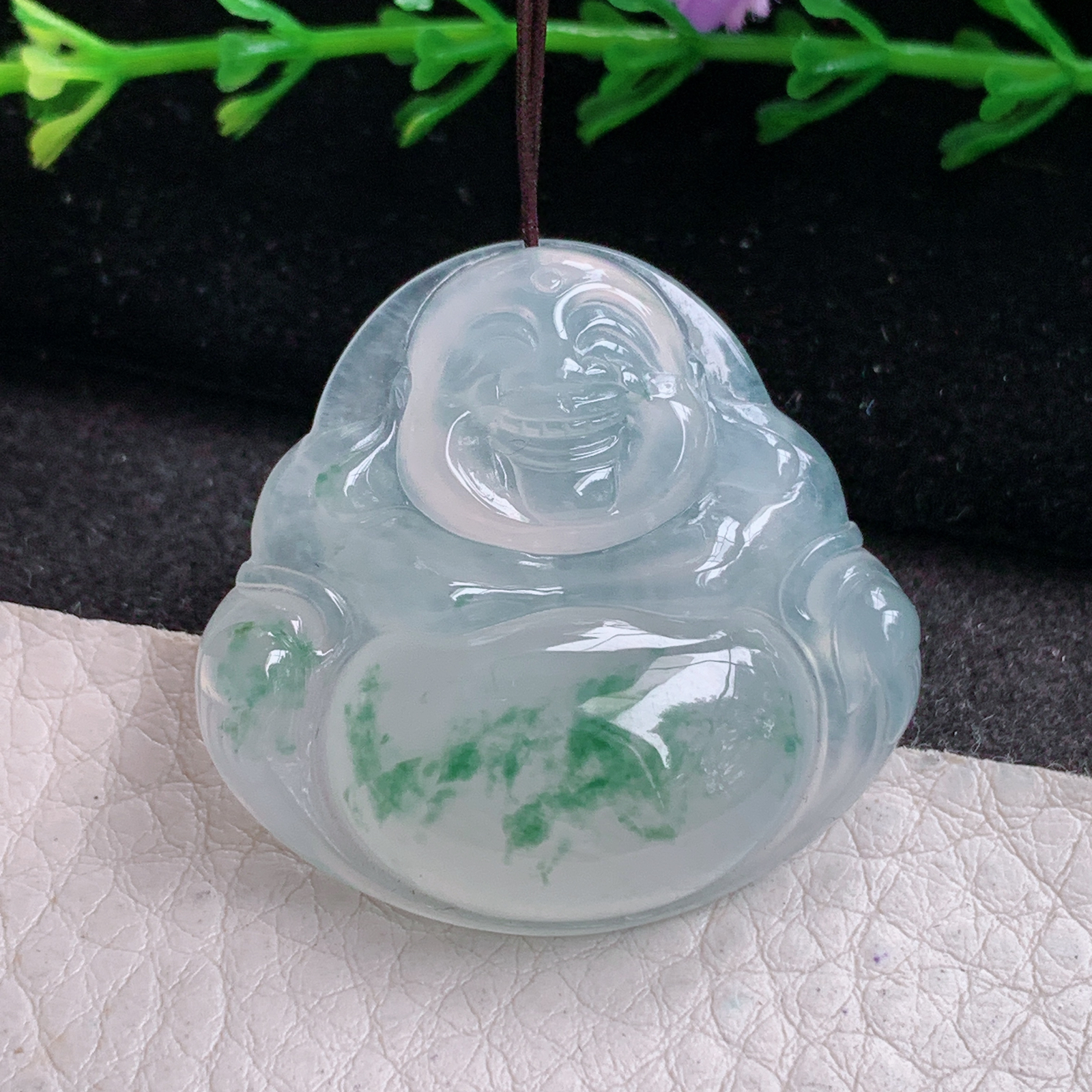 gp实拍33.5*35.2*7.6缅甸翡翠a货精雕冰飘花大佛公 弥勒佛玉吊坠 玉挂坠
