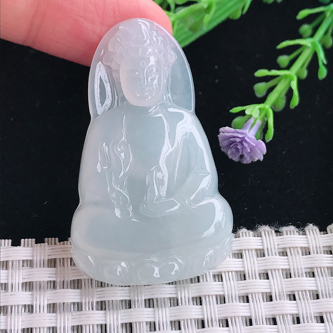 实拍A货翡翠46.4/28.8/6.2老坑冰胶水灵白冰素衣观音吊坠翡翠挂件