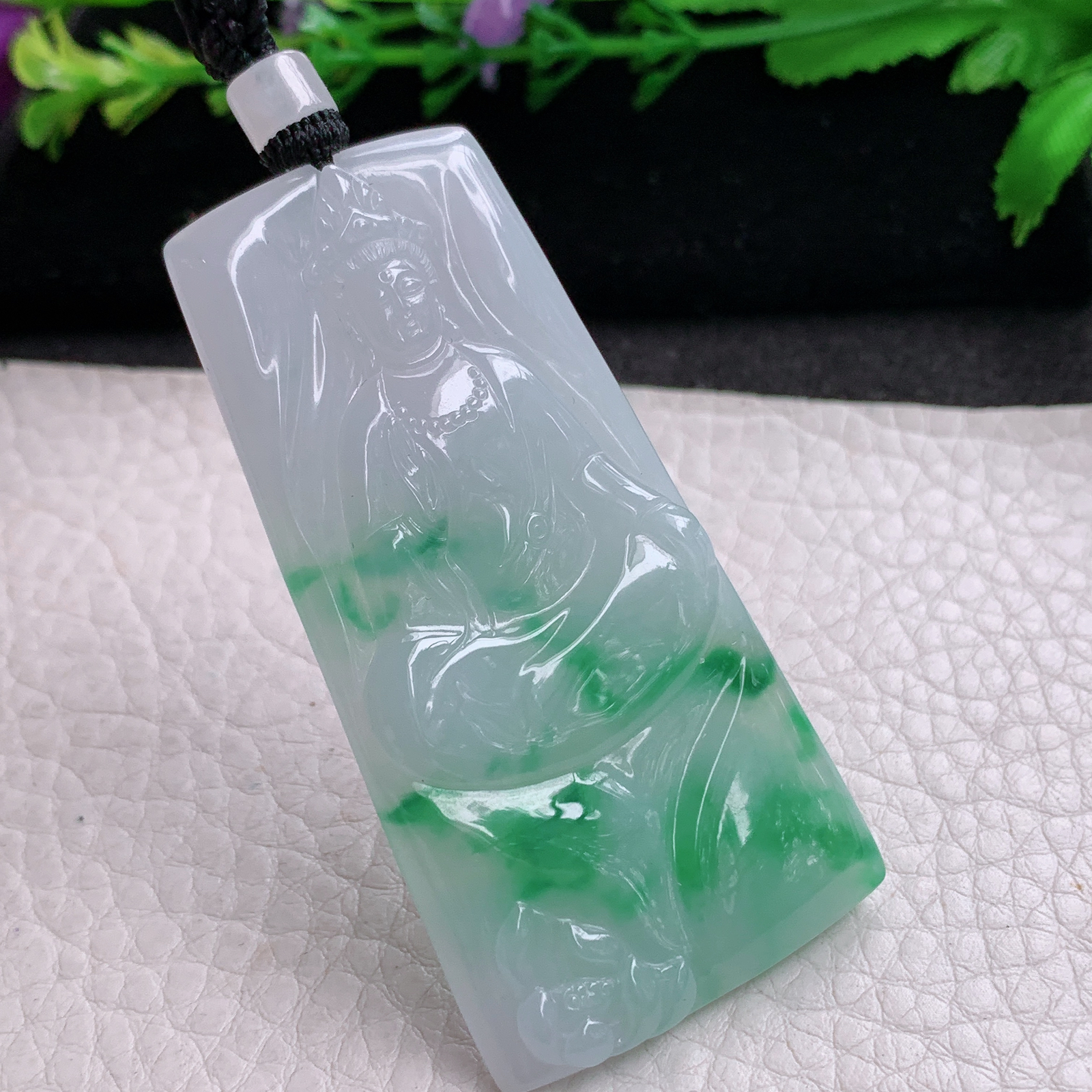 csy实拍62.3*31*5.2缅甸翡翠a货精雕飘绿赐福观音 玉观音玉吊坠 玉挂坠