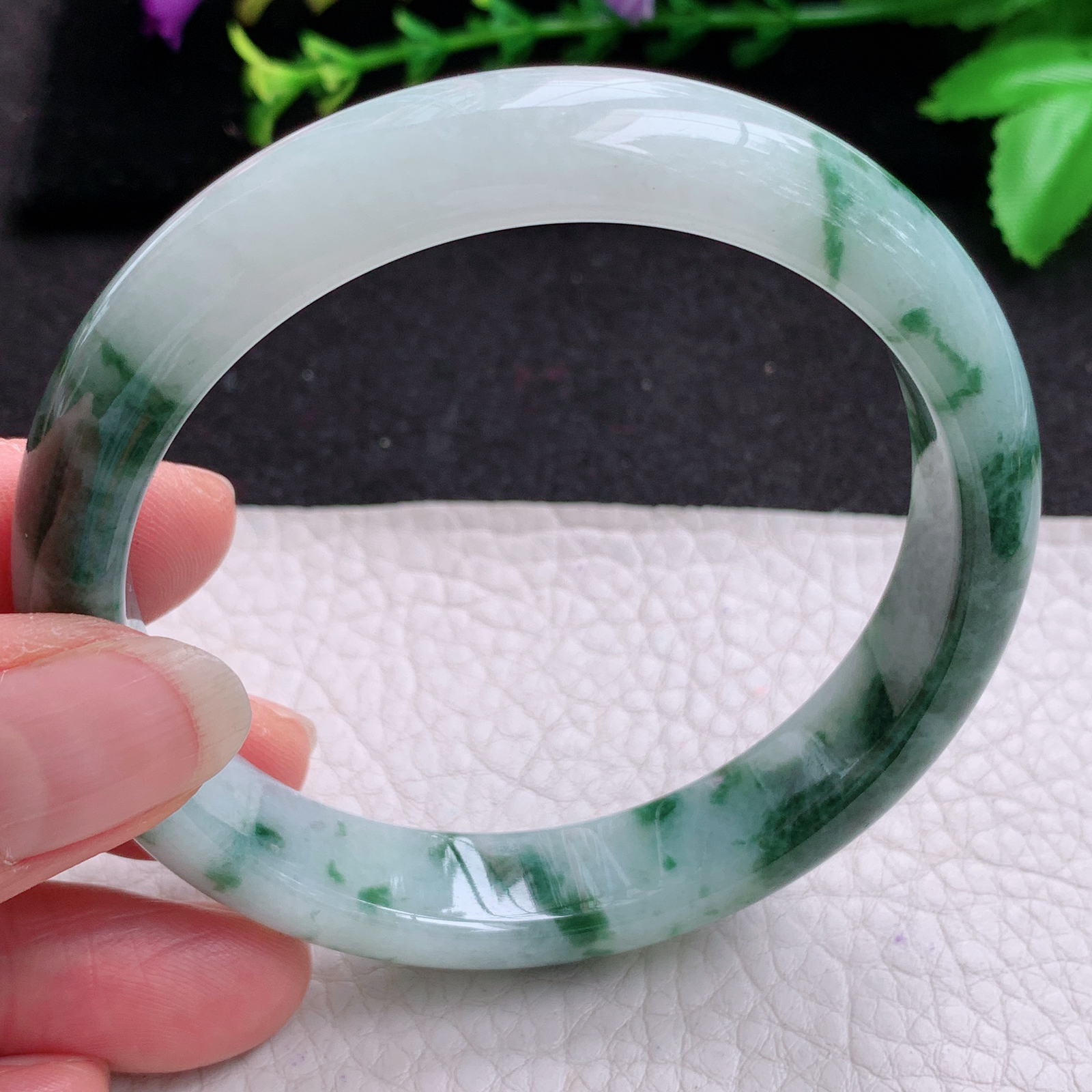 ll实拍59*12.4*8平安镯 天然缅甸翡翠A货玉手镯冰飘花宽边玉手环