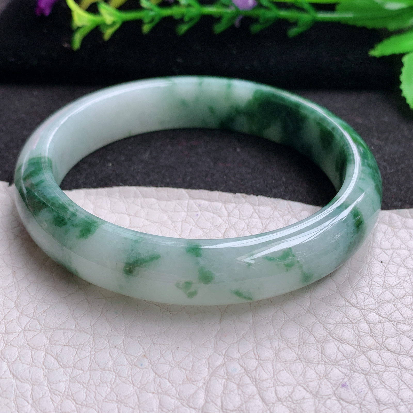 ll实拍59*12.4*8平安镯 天然缅甸翡翠A货玉手镯冰飘花宽边玉手环