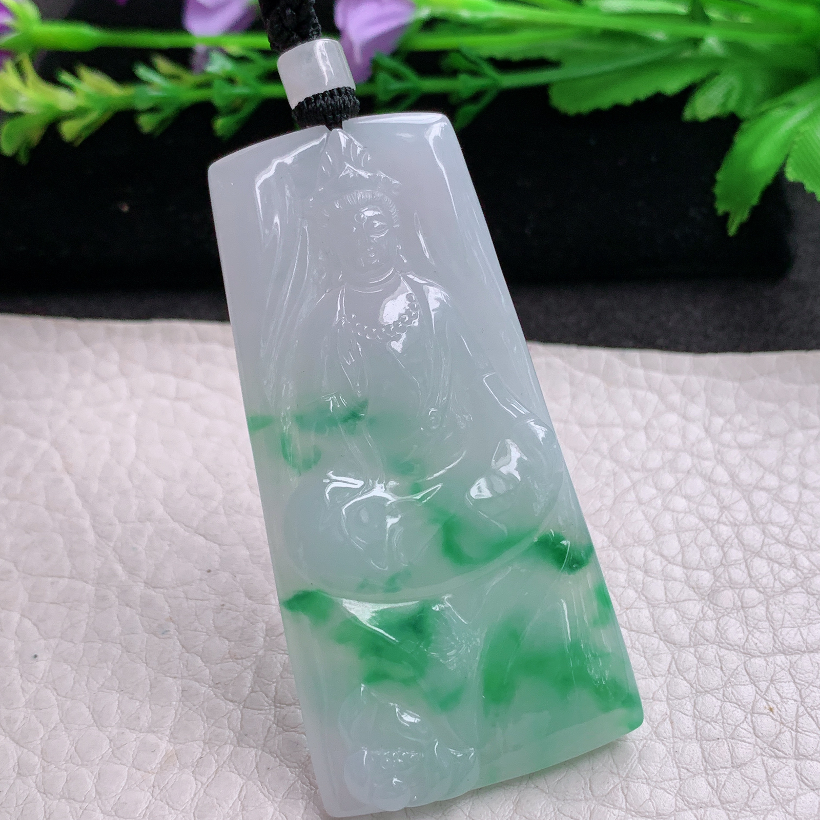 csy实拍62.3*31*5.2缅甸翡翠a货精雕飘绿赐福观音 玉观音玉吊坠 玉挂坠