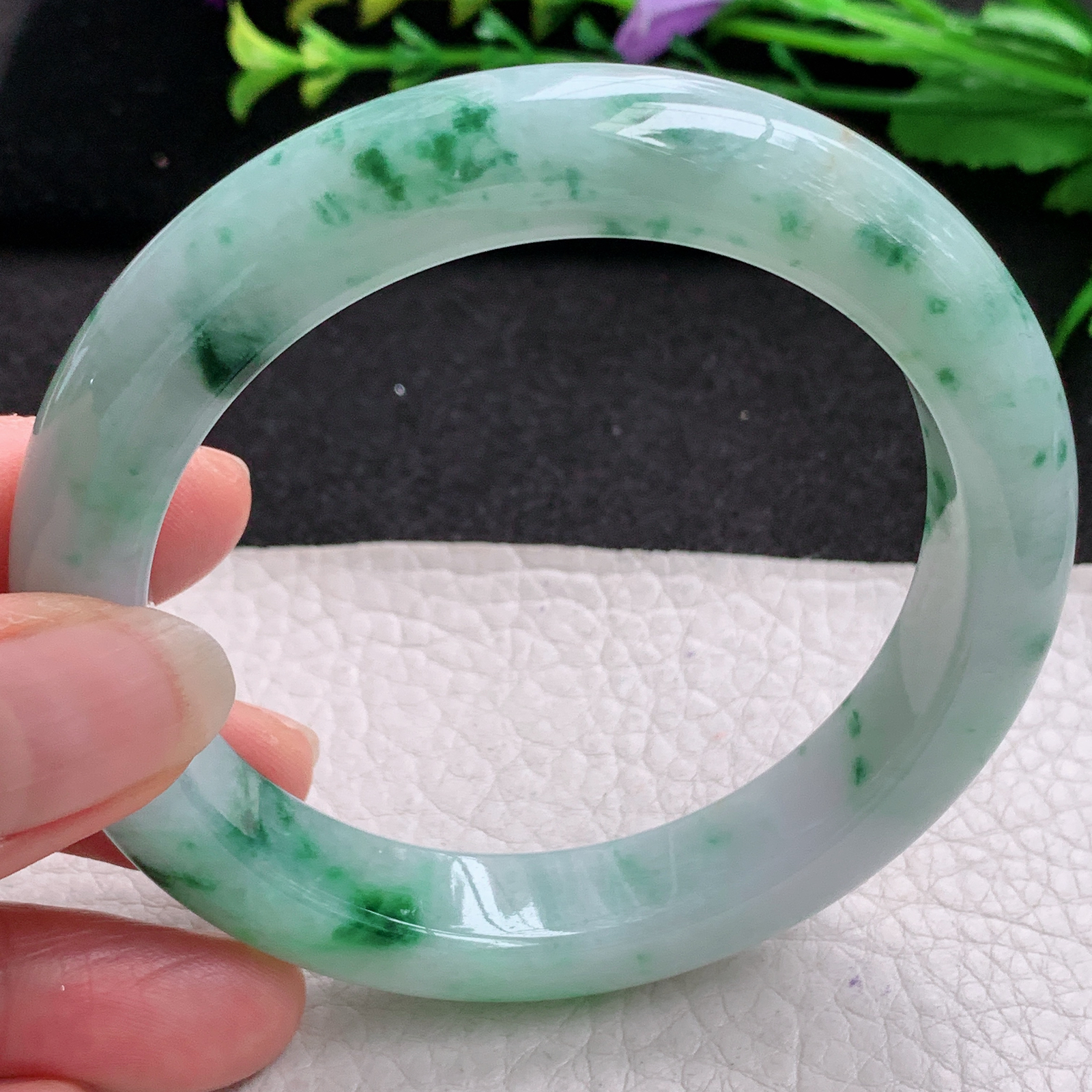 jl实拍58.5*12.5*9.5平安镯 天然缅甸翡翠A货玉手镯飘绿花宽边玉手环