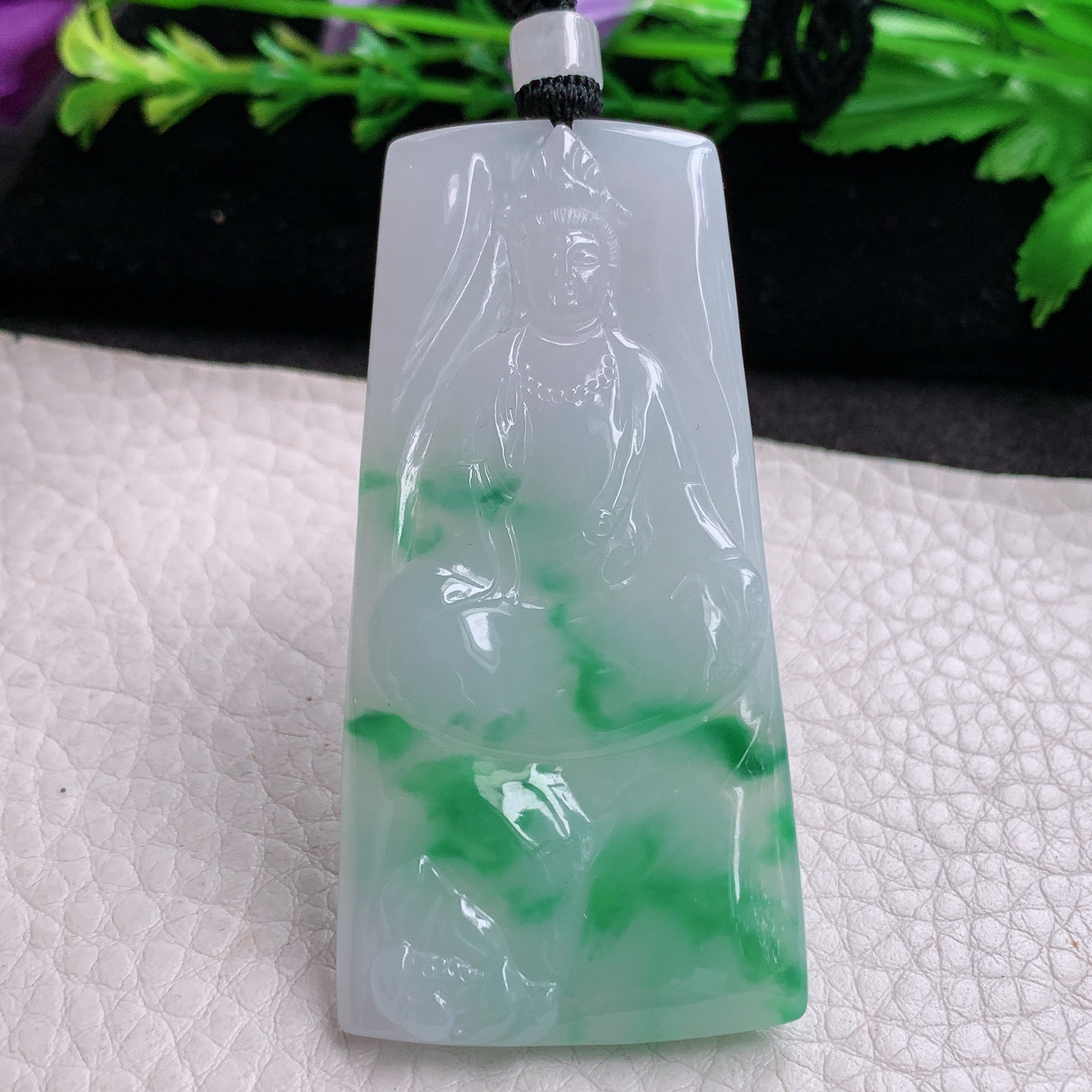 csy实拍62.3*31*5.2缅甸翡翠a货精雕飘绿赐福观音 玉观音玉吊坠 玉挂坠