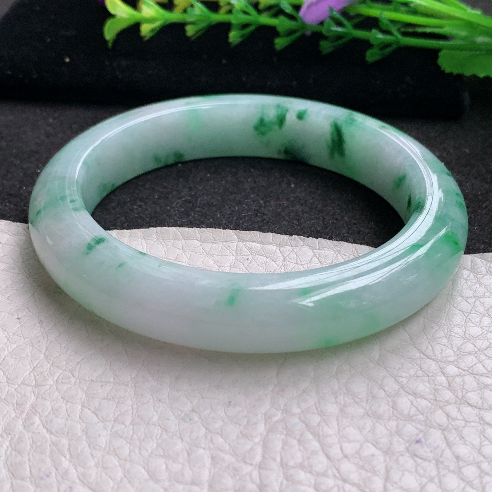 jl实拍58.5*12.5*9.5平安镯 天然缅甸翡翠A货玉手镯飘绿花宽边玉手环