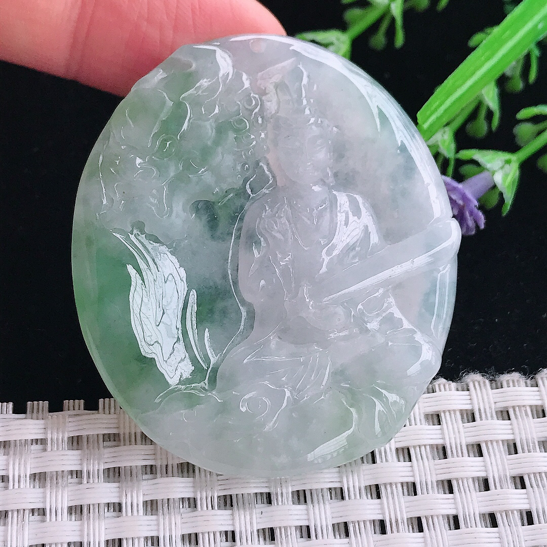 实拍A货翡翠50.5/44/5.5老坑冰润起胶飘花文殊菩萨吊坠翡翠挂件