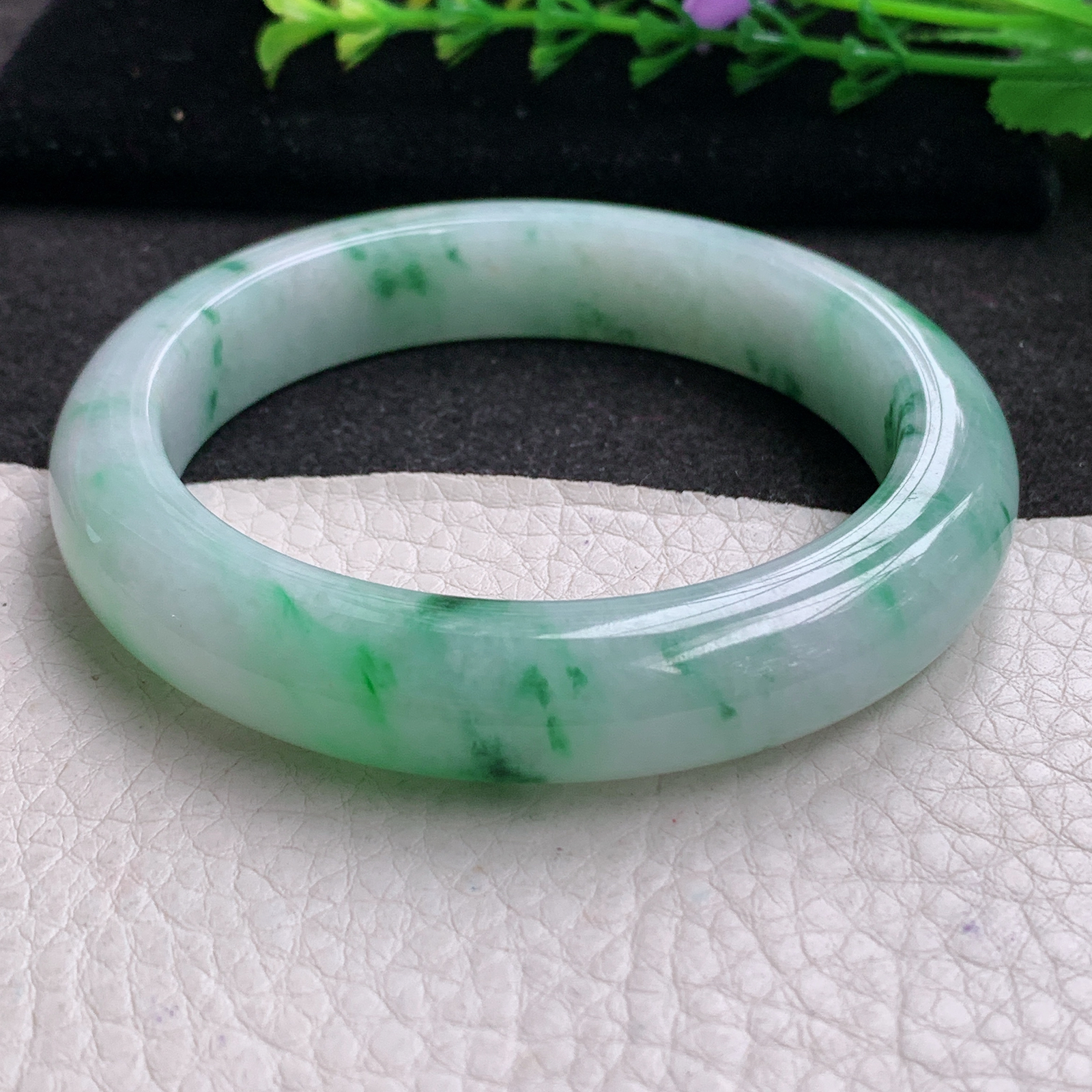 jl实拍58.5*12.5*9.5平安镯 天然缅甸翡翠A货玉手镯飘绿花宽边玉手环