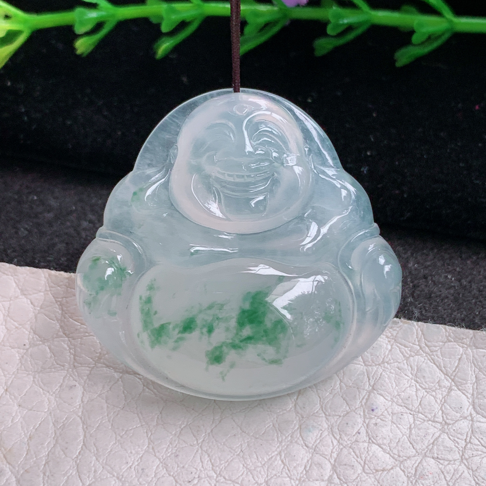 gp实拍33.5*35.2*7.6缅甸翡翠a货精雕冰飘花大佛公 弥勒佛玉吊坠 玉挂坠