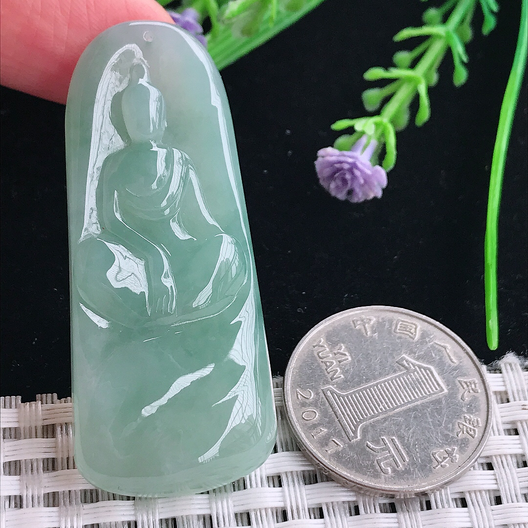 实拍A货翡翠53.8/23/6.3老坑冰胶果冻冰晴绿悟道佛吊坠翡翠挂件