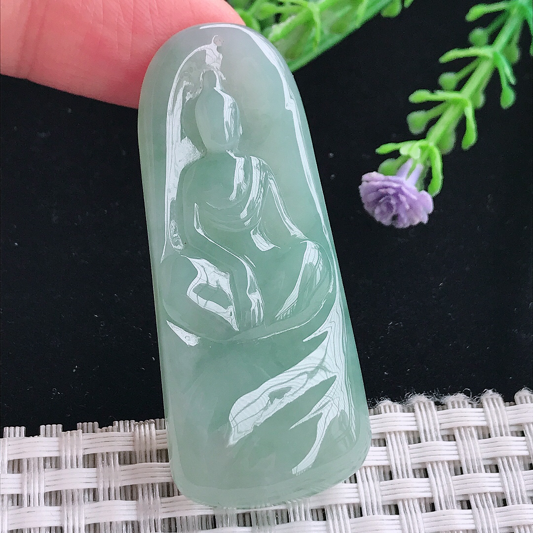 实拍A货翡翠53.8/23/6.3老坑冰胶果冻冰晴绿悟道佛吊坠翡翠挂件