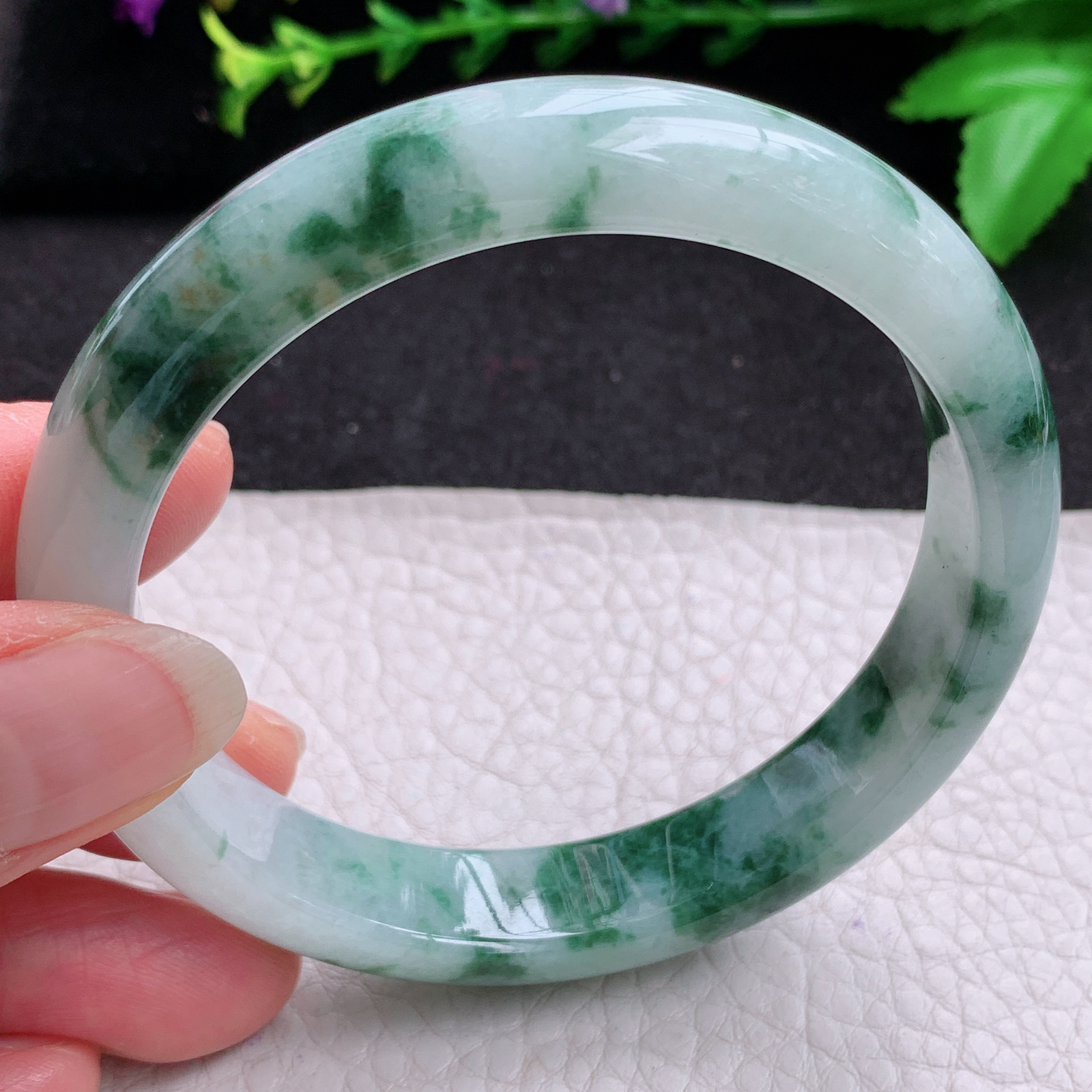 ll实拍59*12.4*8平安镯 天然缅甸翡翠A货玉手镯冰飘花宽边玉手环