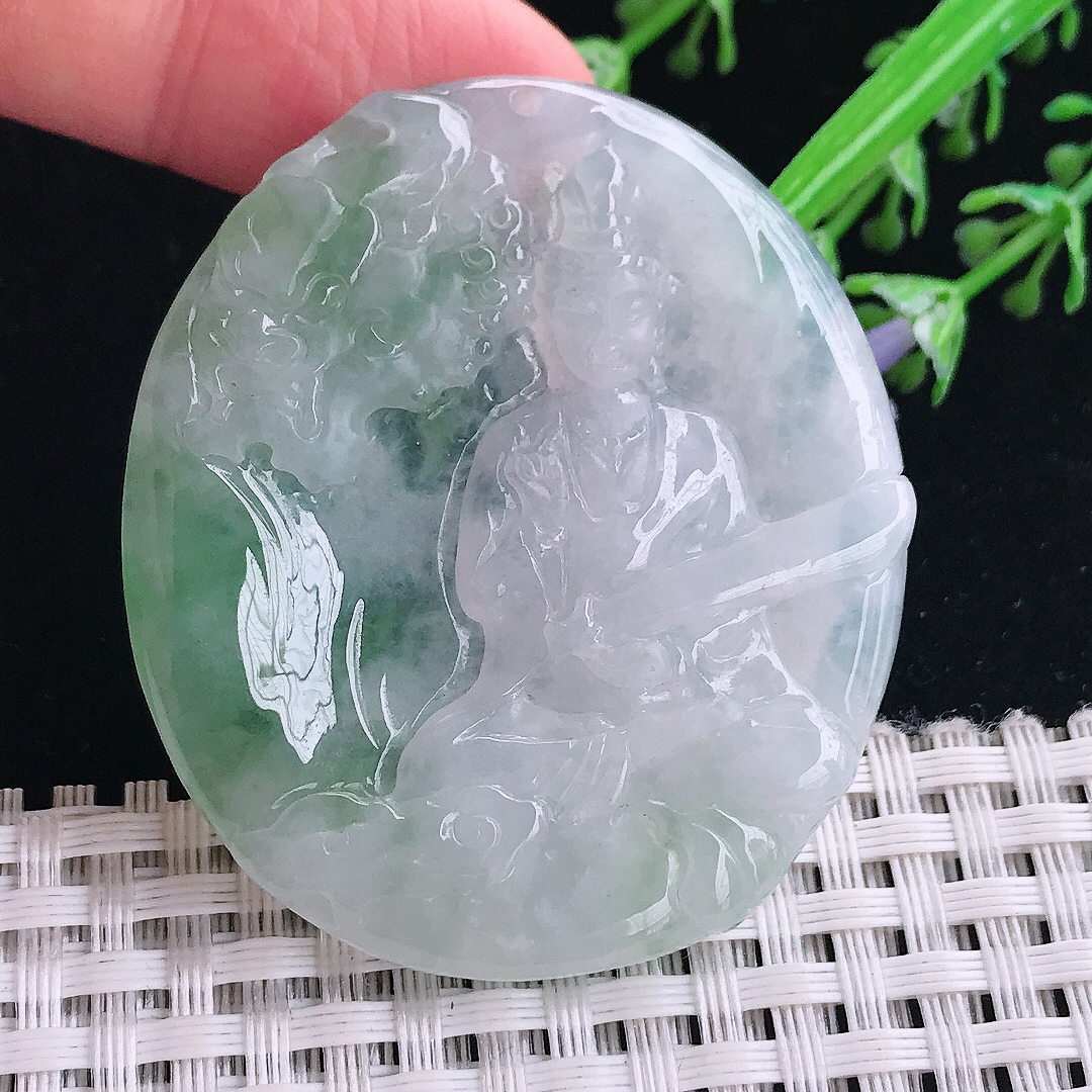 实拍A货翡翠50.5/44/5.5老坑冰润起胶飘花文殊菩萨吊坠翡翠挂件