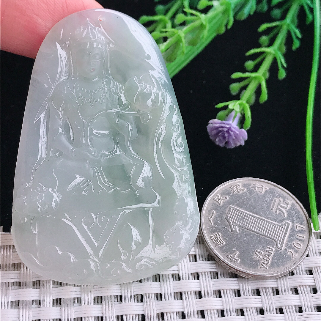 实拍A货翡翠56.8/38.8/4.8老坑冰胶持莲观音吊坠翡翠大势至菩萨挂件
