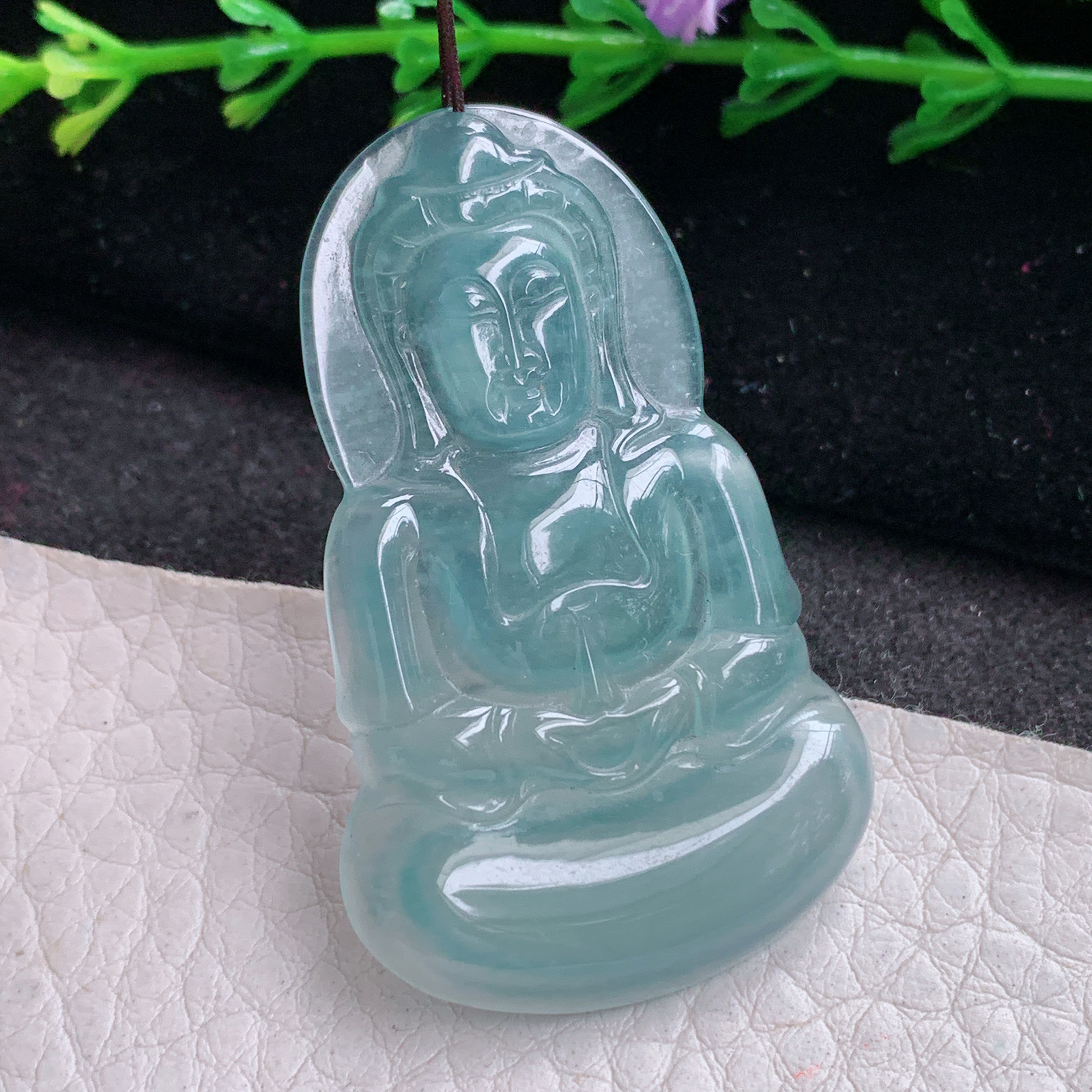 gp实拍47*29*4翡翠a货精雕冰蓝正观音 玉观音玉吊坠 玉挂坠