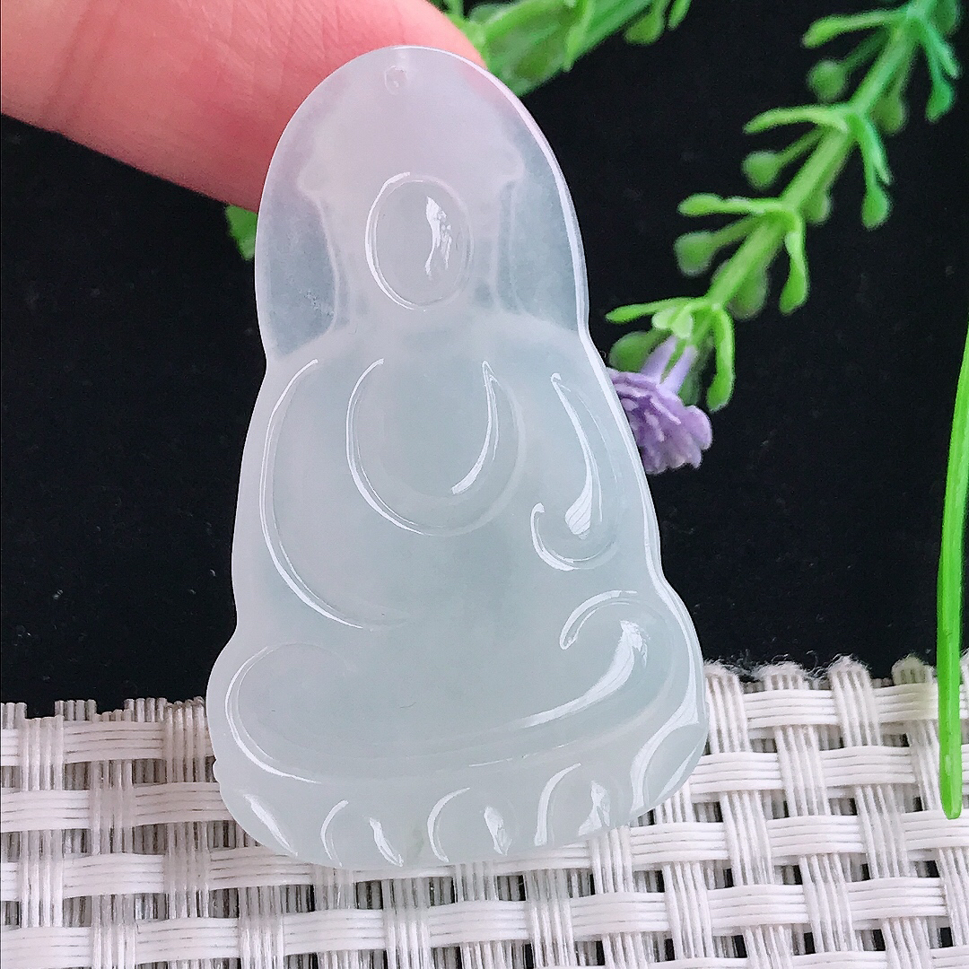 实拍A货翡翠46.4/28.8/6.2老坑冰胶水灵白冰素衣观音吊坠翡翠挂件