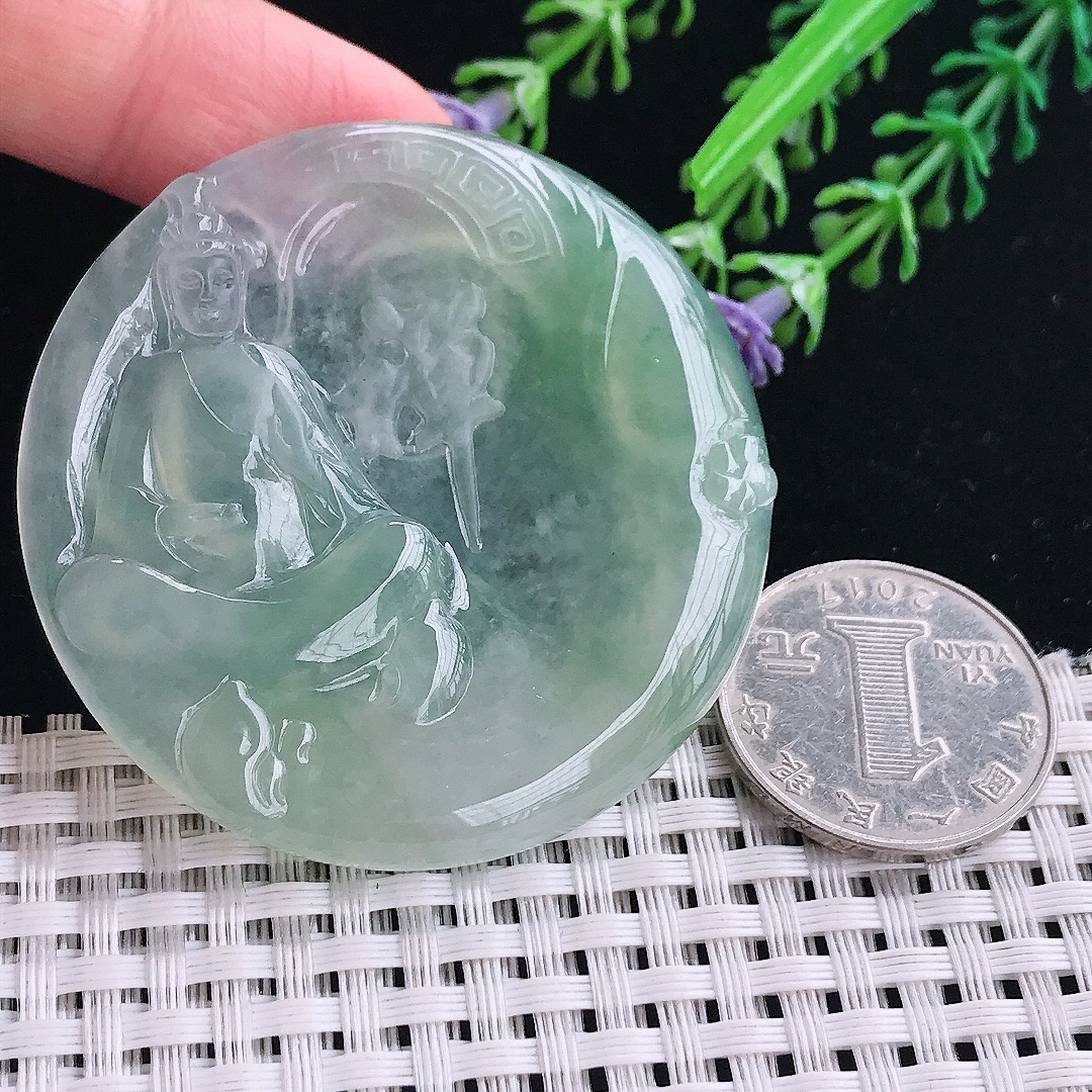 实拍A货翡翠52.6/5.5老坑冰胶果冻冰晴绿赐福观音吊坠翡翠挂件