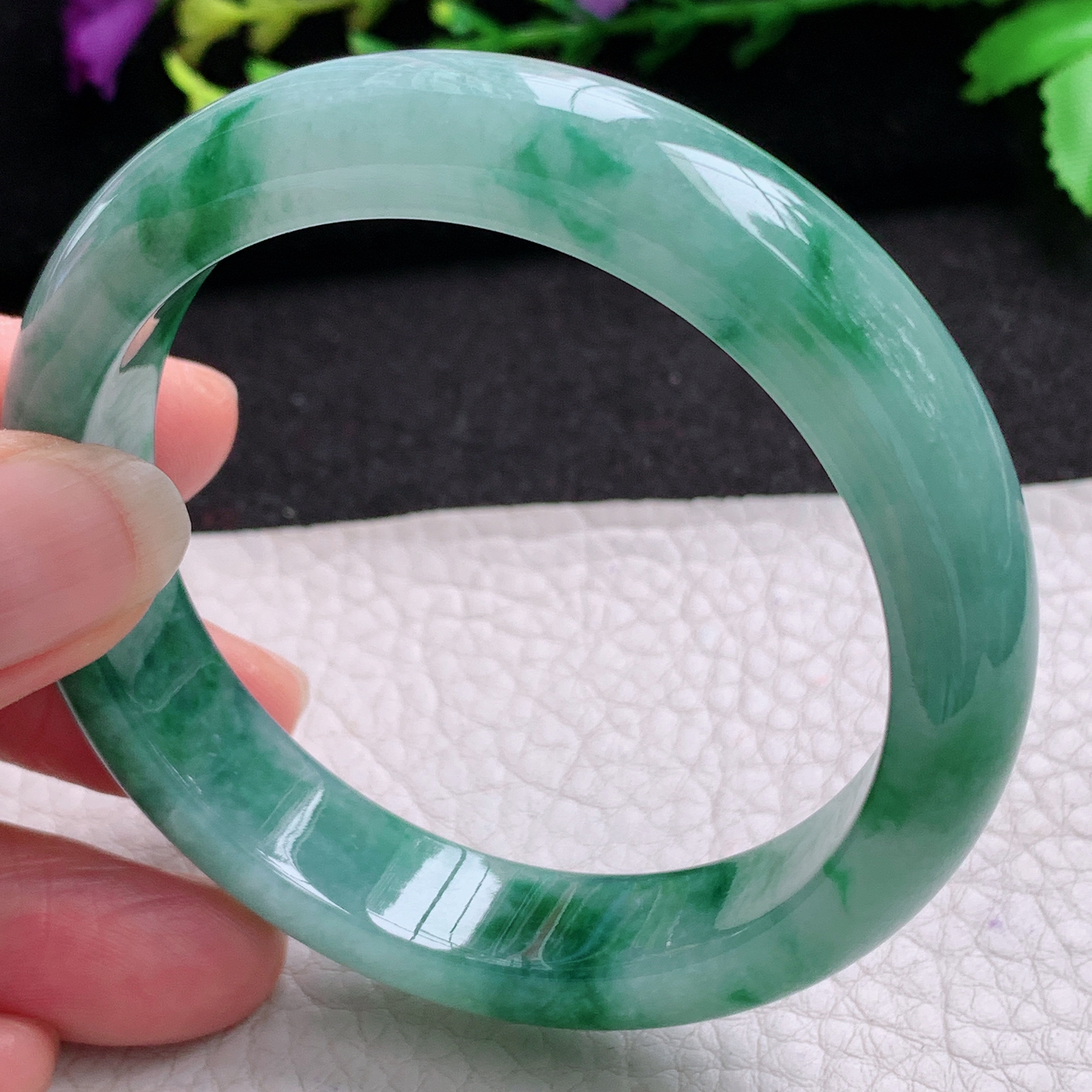 r实拍55*12.8*7.8平安镯 天然缅甸翡翠A货玉手镯飘花韵味宽边玉手环