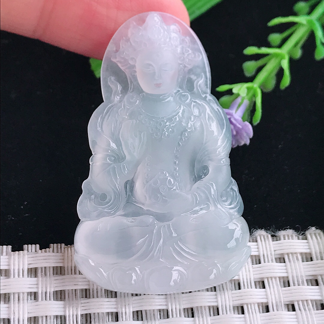 实拍A货翡翠45.4/29/5.3老坑冰种起光白冰渡母菩萨吊坠翡翠挂件