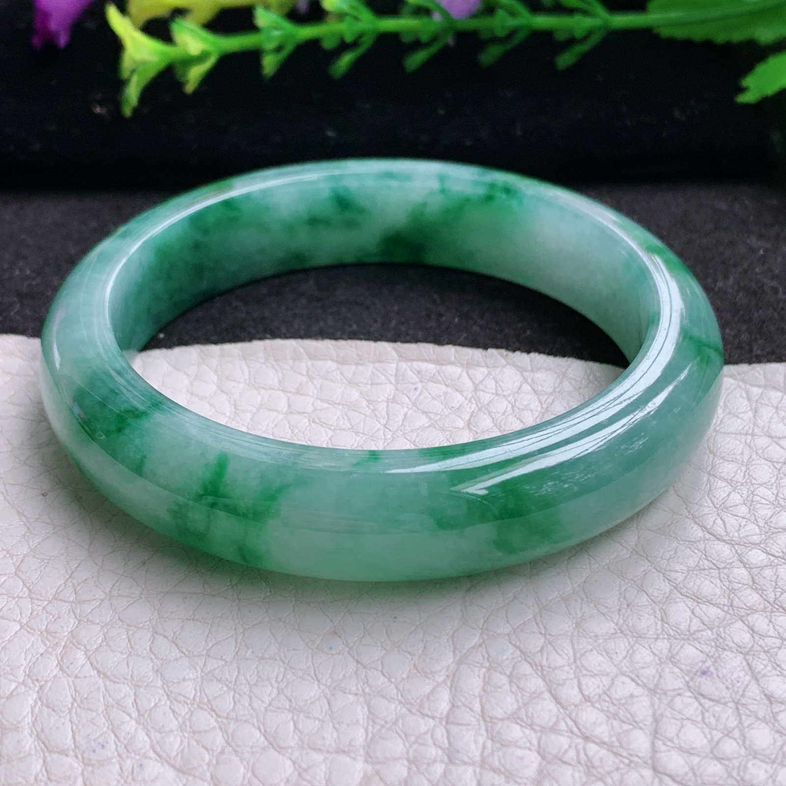 r实拍55*12.8*7.8平安镯 天然缅甸翡翠A货玉手镯飘花韵味宽边玉手环