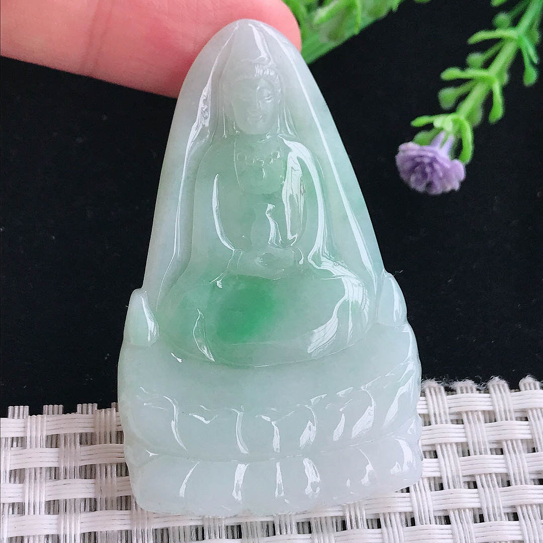 实拍A货翡翠58/36/5.2老坑冰润飘阳绿观音菩萨吊坠翡翠挂件